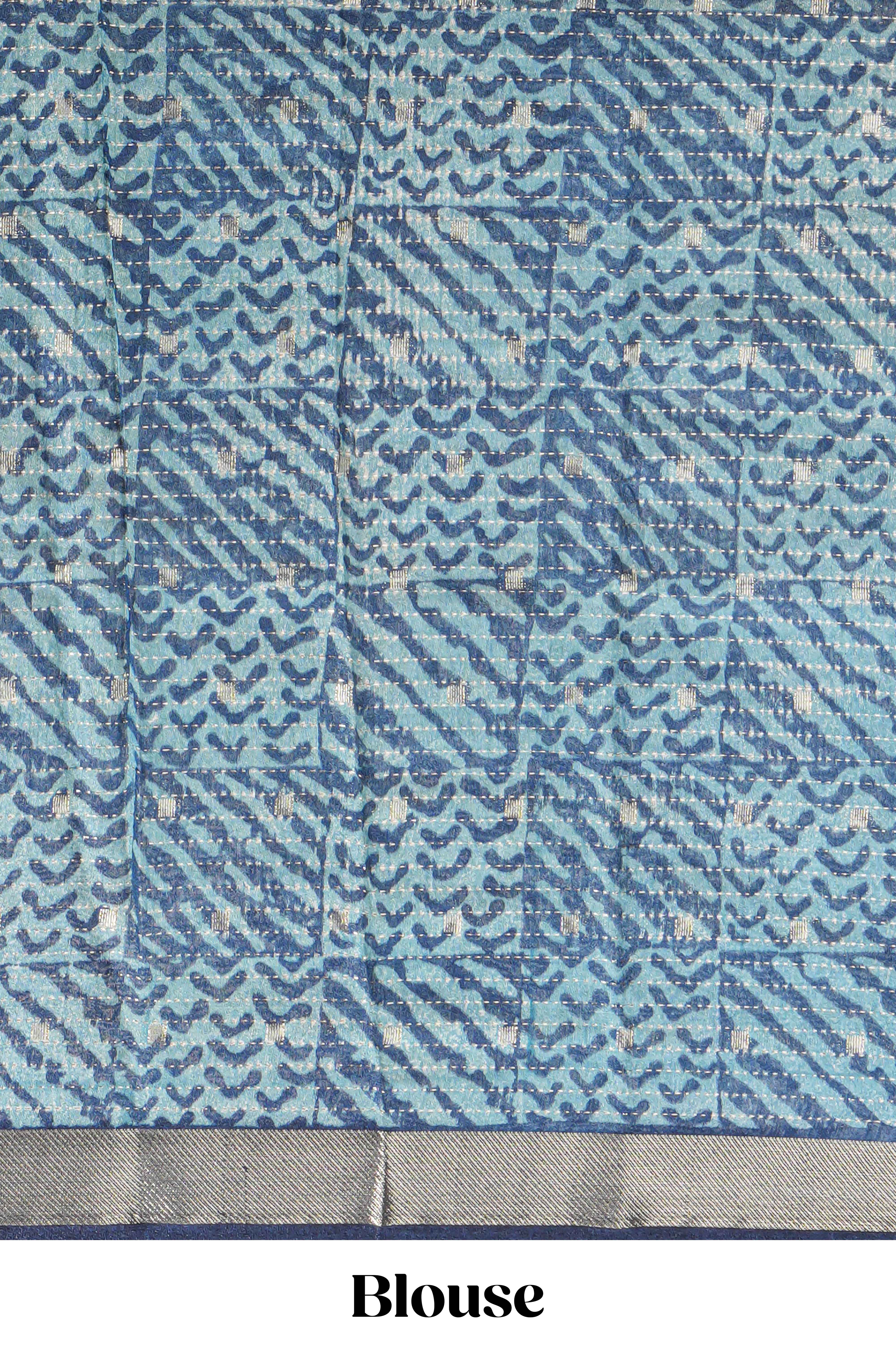 Aqua blue Assam Silk saree with woven patterns floral details contrast navy pallu and zari border along with printed blouse - Image 5
