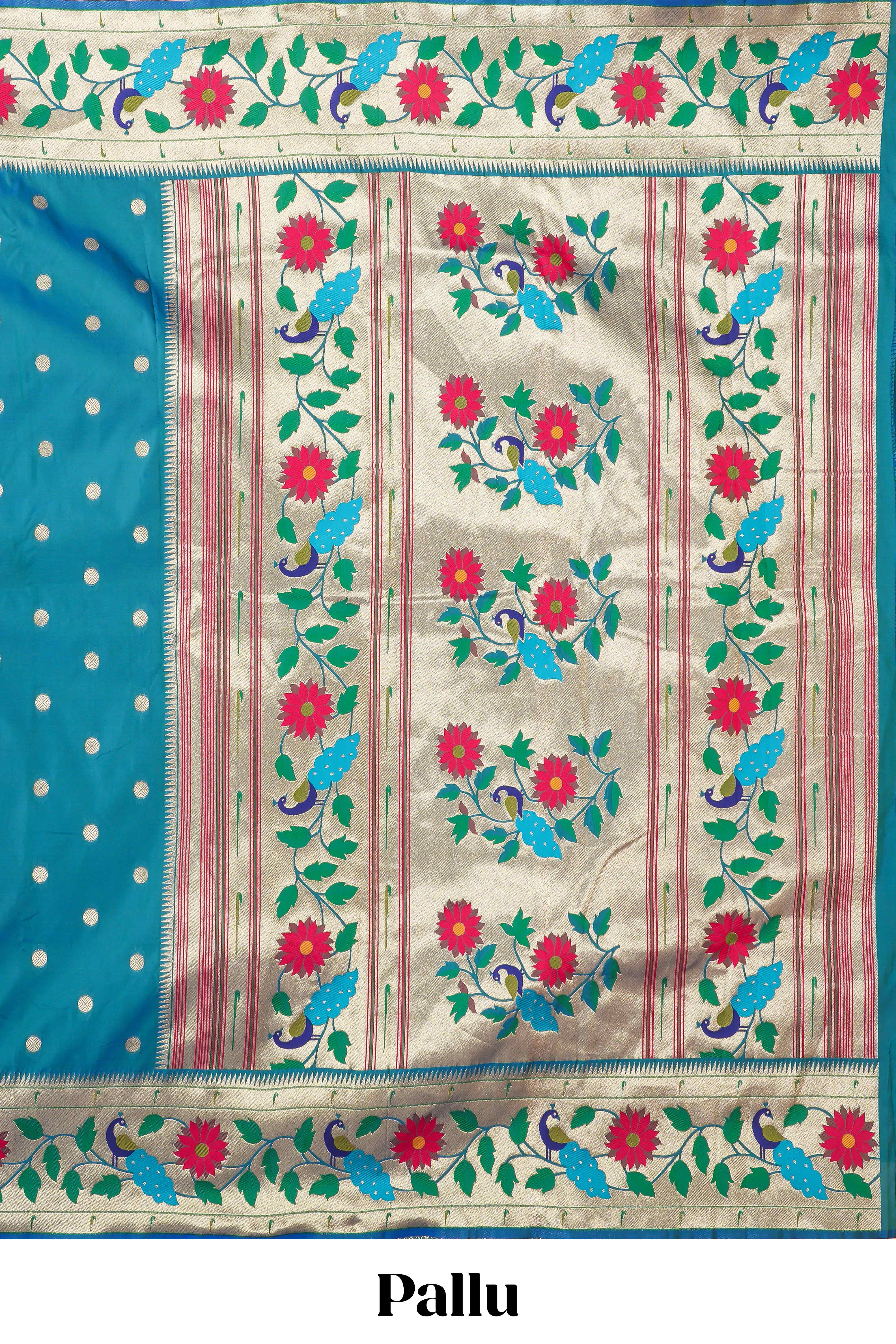 Peacock Blue Art Silk Saree Golden Zari Paisa Motifs Across The Body & Paithani Pallu Along With Blouse - Image 5