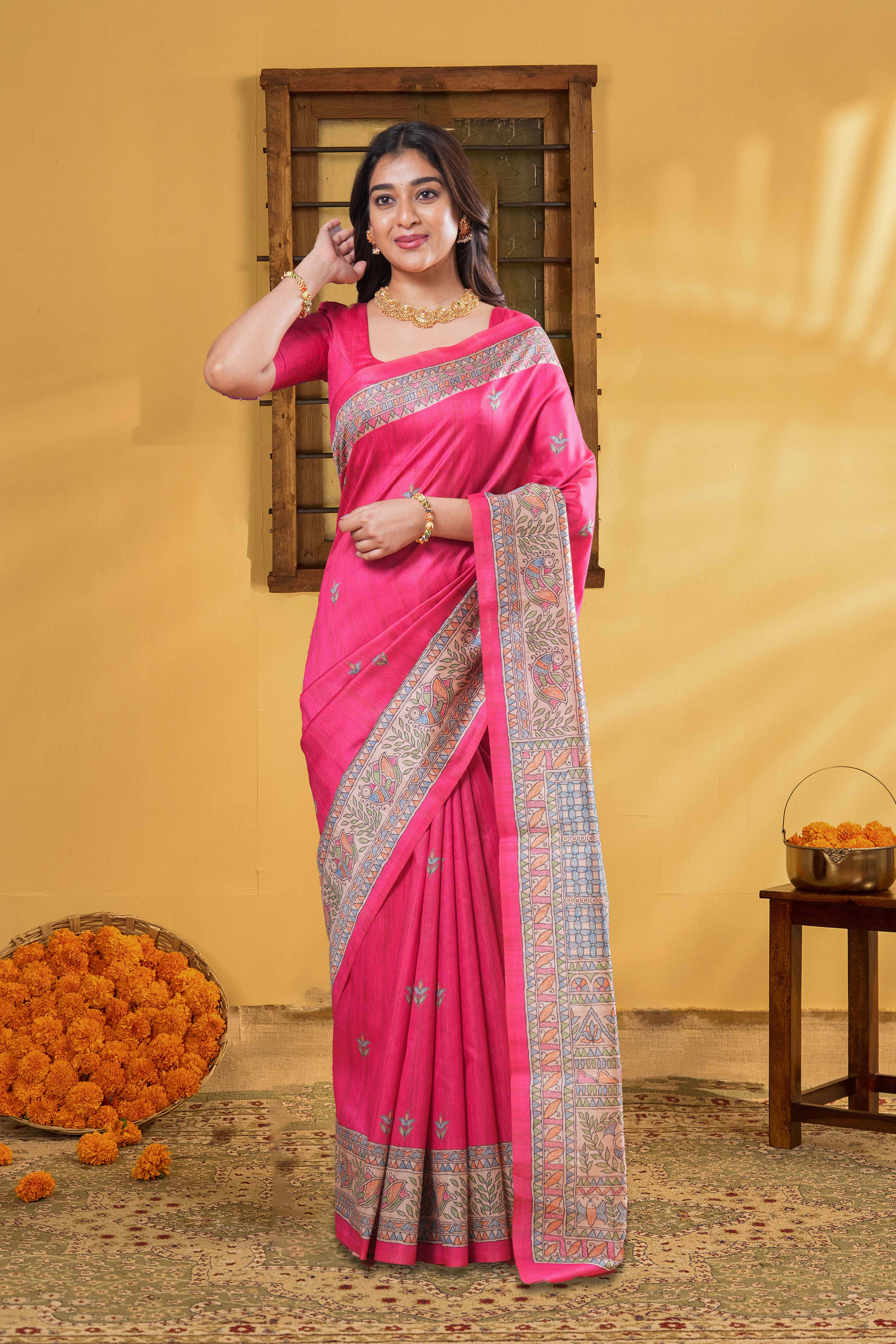Art Tussar Saree Leaf Motifs Across The Body And Madhubani Print Pallu - Image 6
