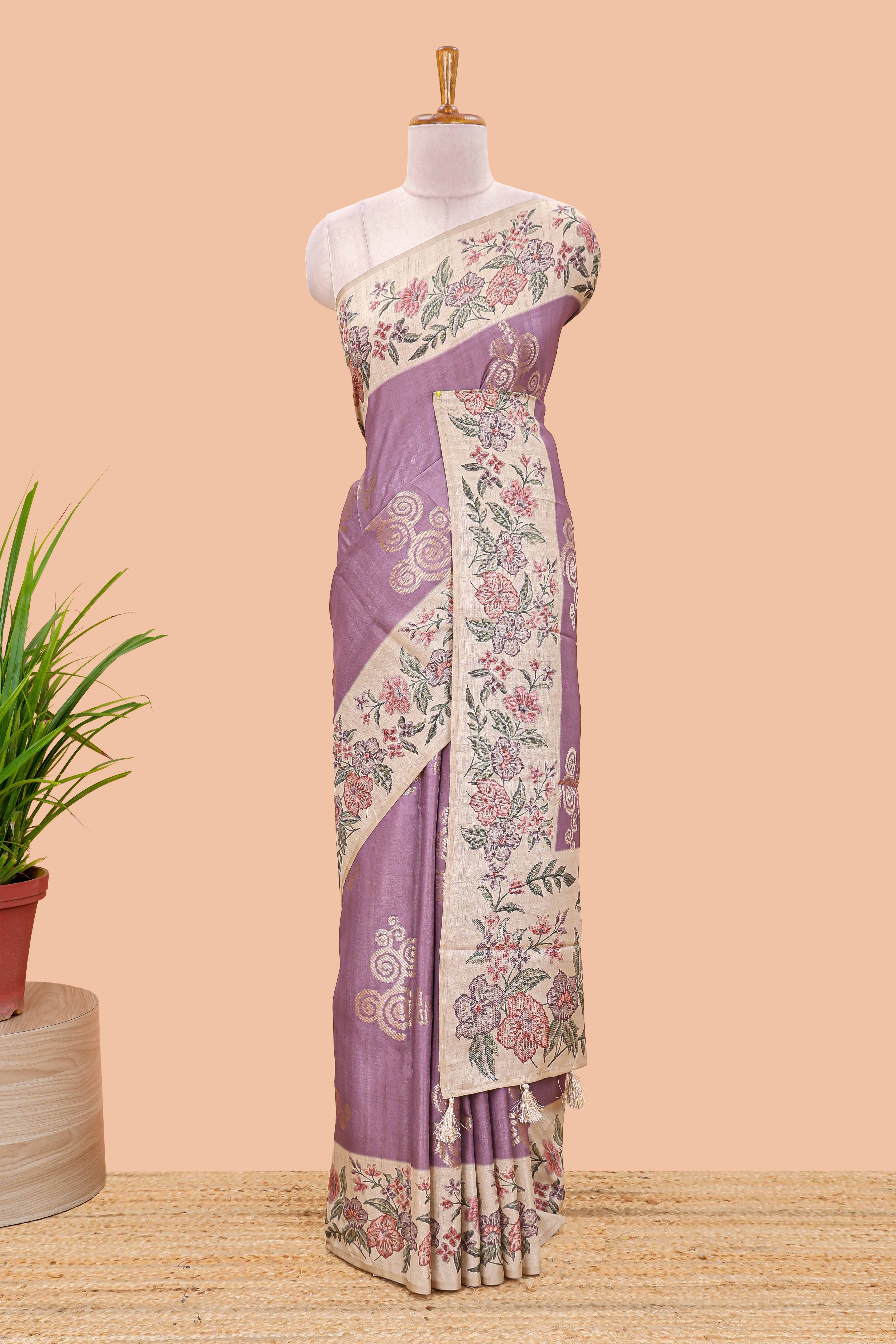 Lavender art tussar silk saree with rich floral zari butta weave and cream floral border and pallu - Image 2