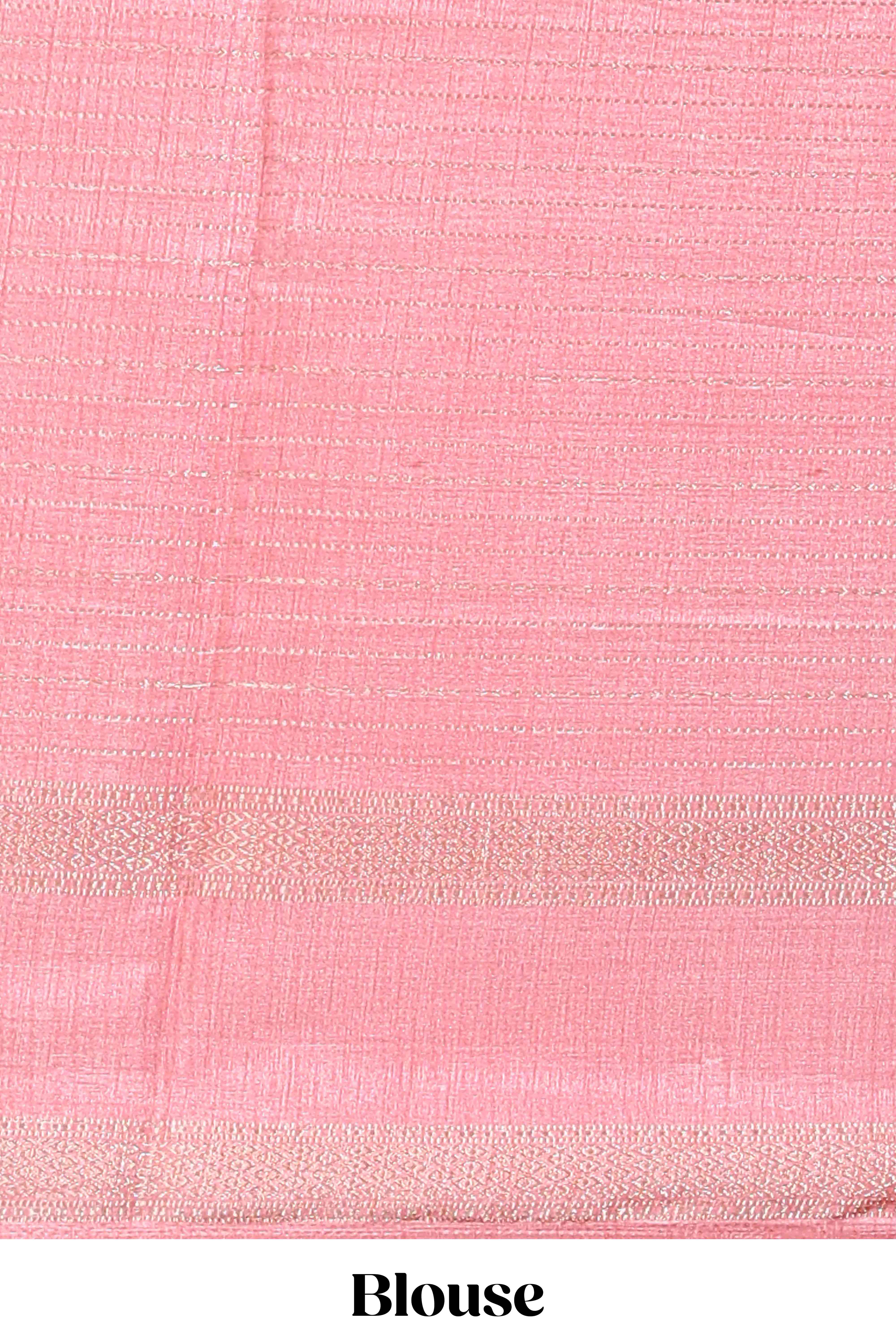 Baby pink dola silk saree with striped floral motifs and bird & floral bottom design with self zari border and matching blouse - Image 5
