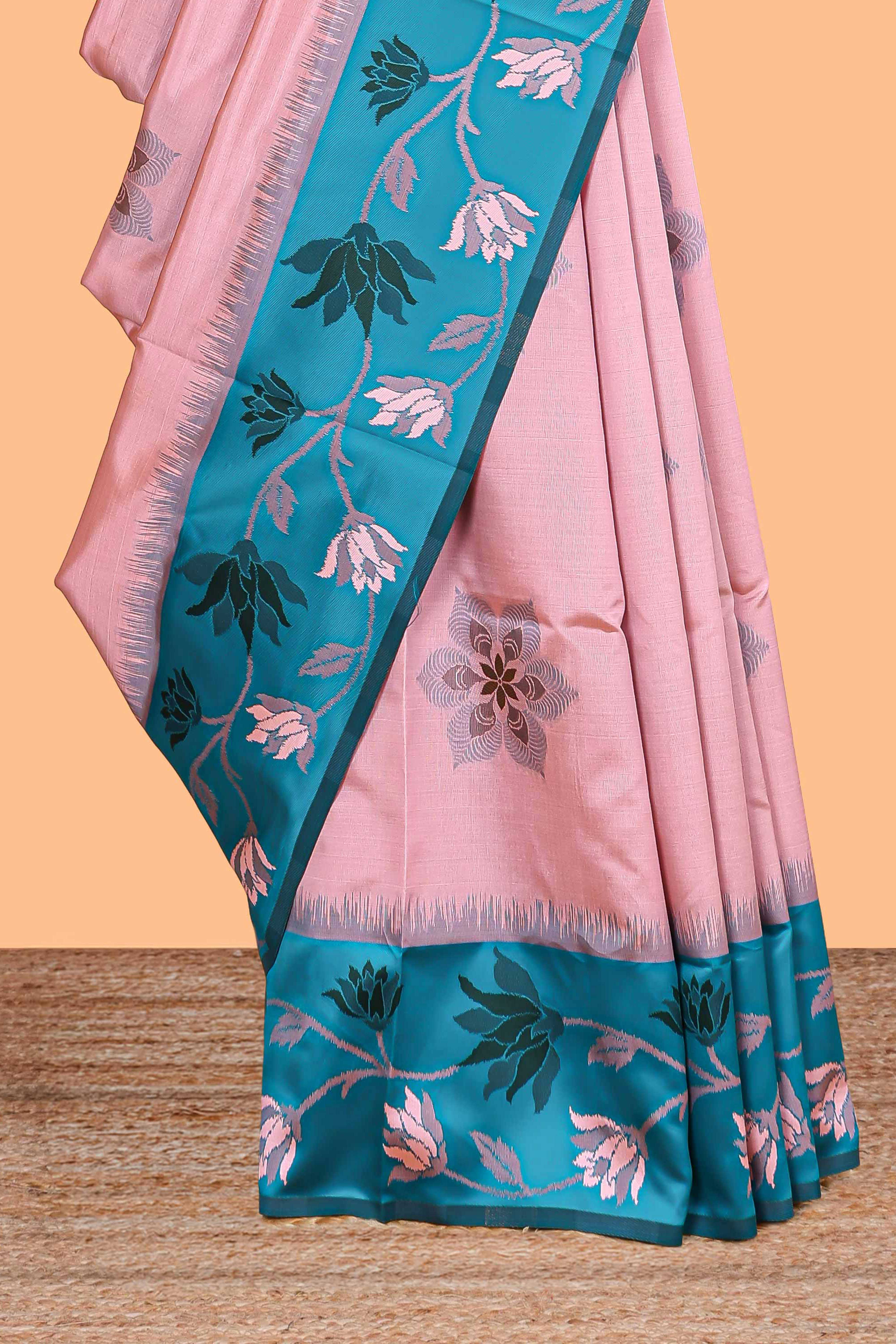 Baby pink floral motifs litchi silk saree with contrast floral vine border and blouse - Image 3