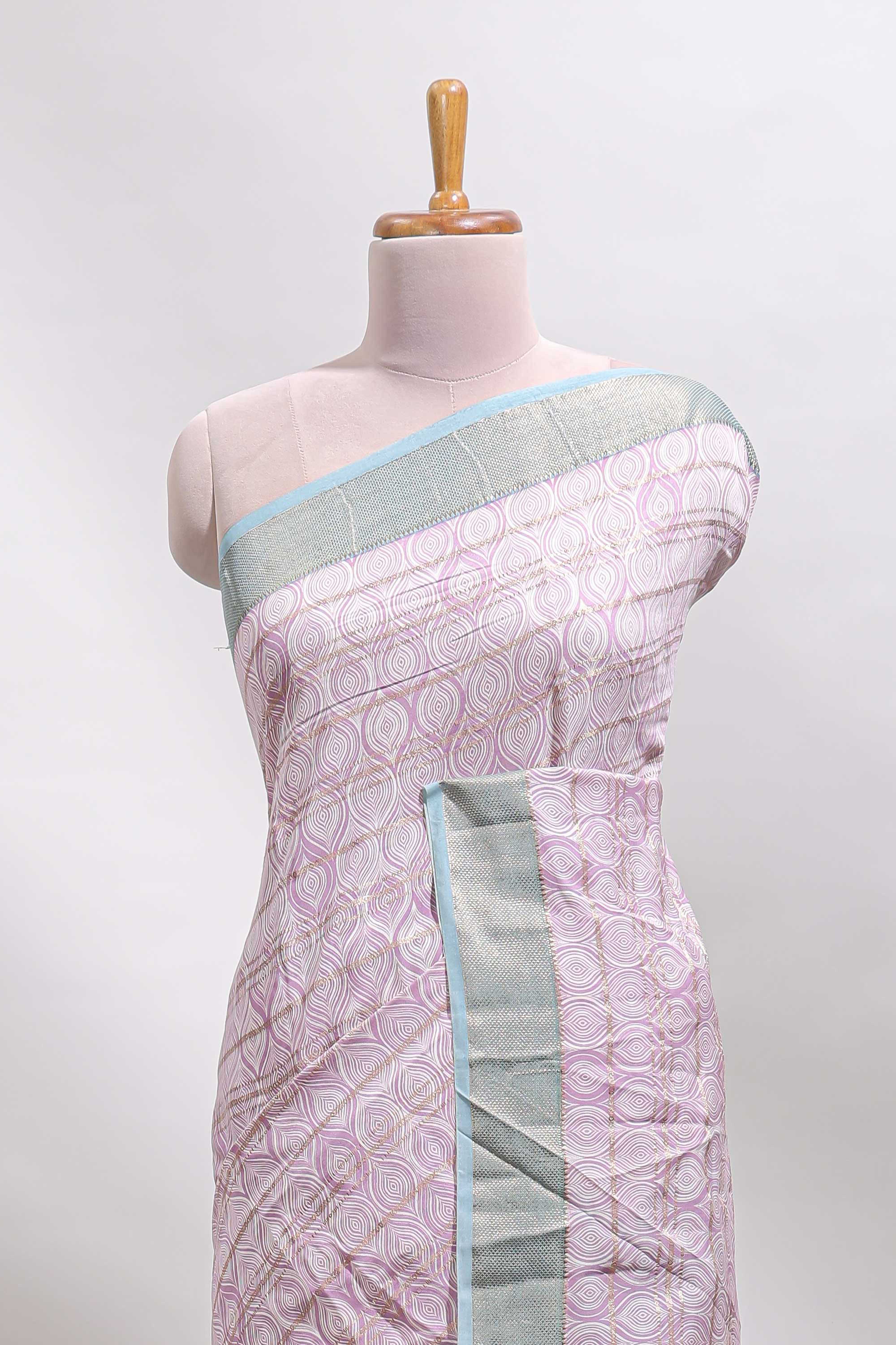 Baby pink geometric design tussar saree with contrast zari border and striped blouse - Image 3