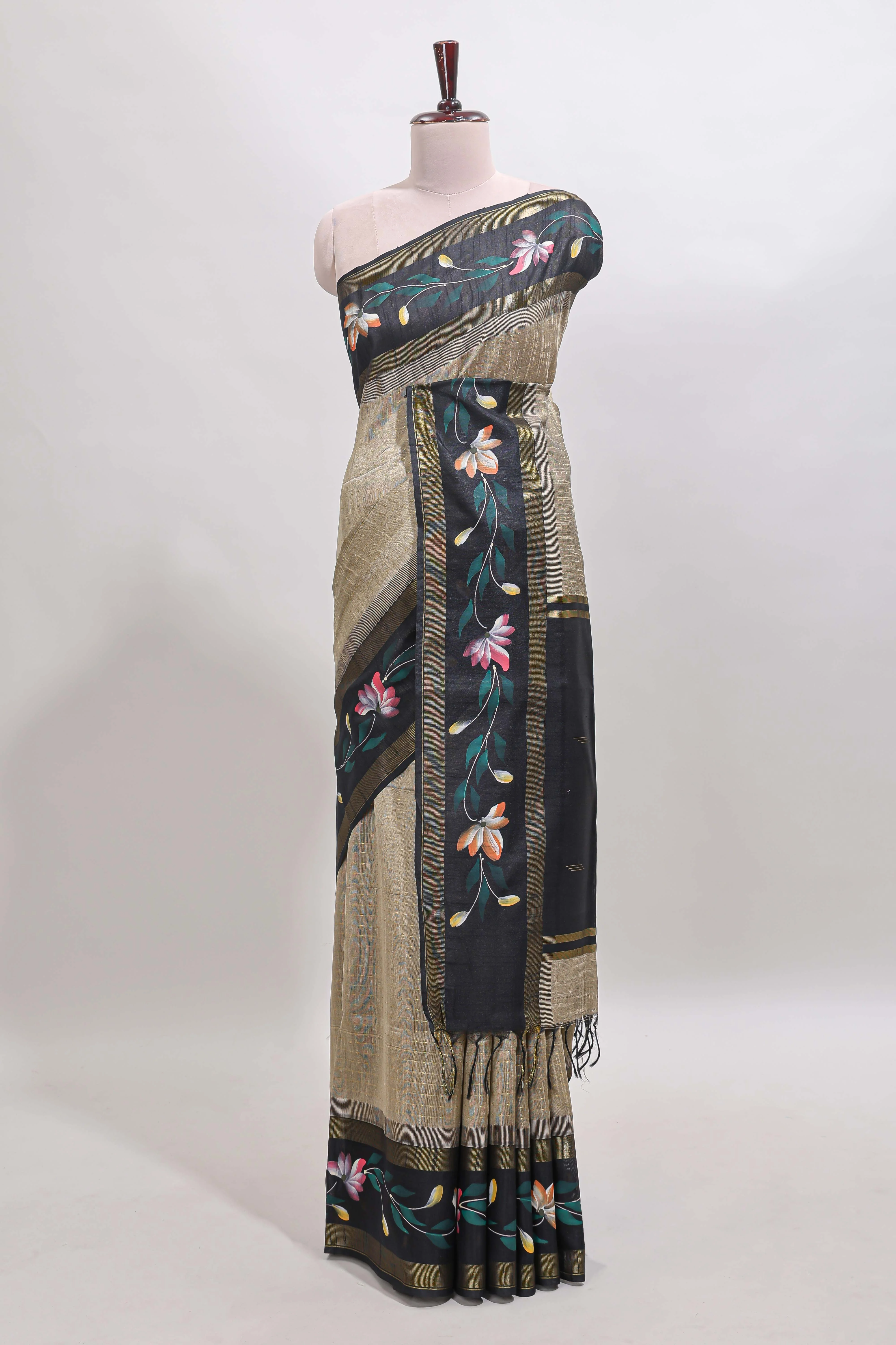 Beige checked semi tussar saree with contrast floral vine border and blouse - Image 2