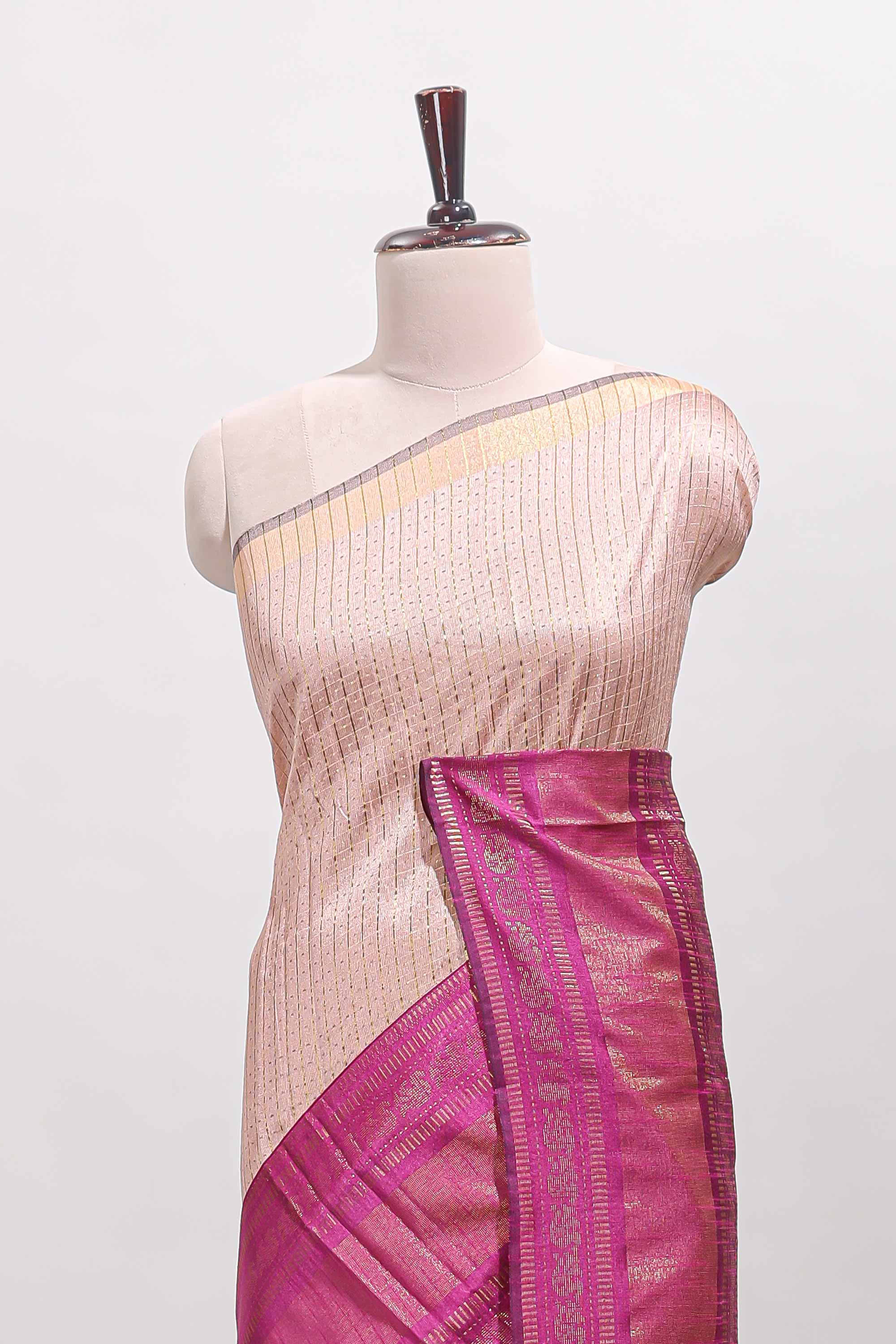 Beige checked tussar saree with contrast pink zari border and checked blouse - Image 3