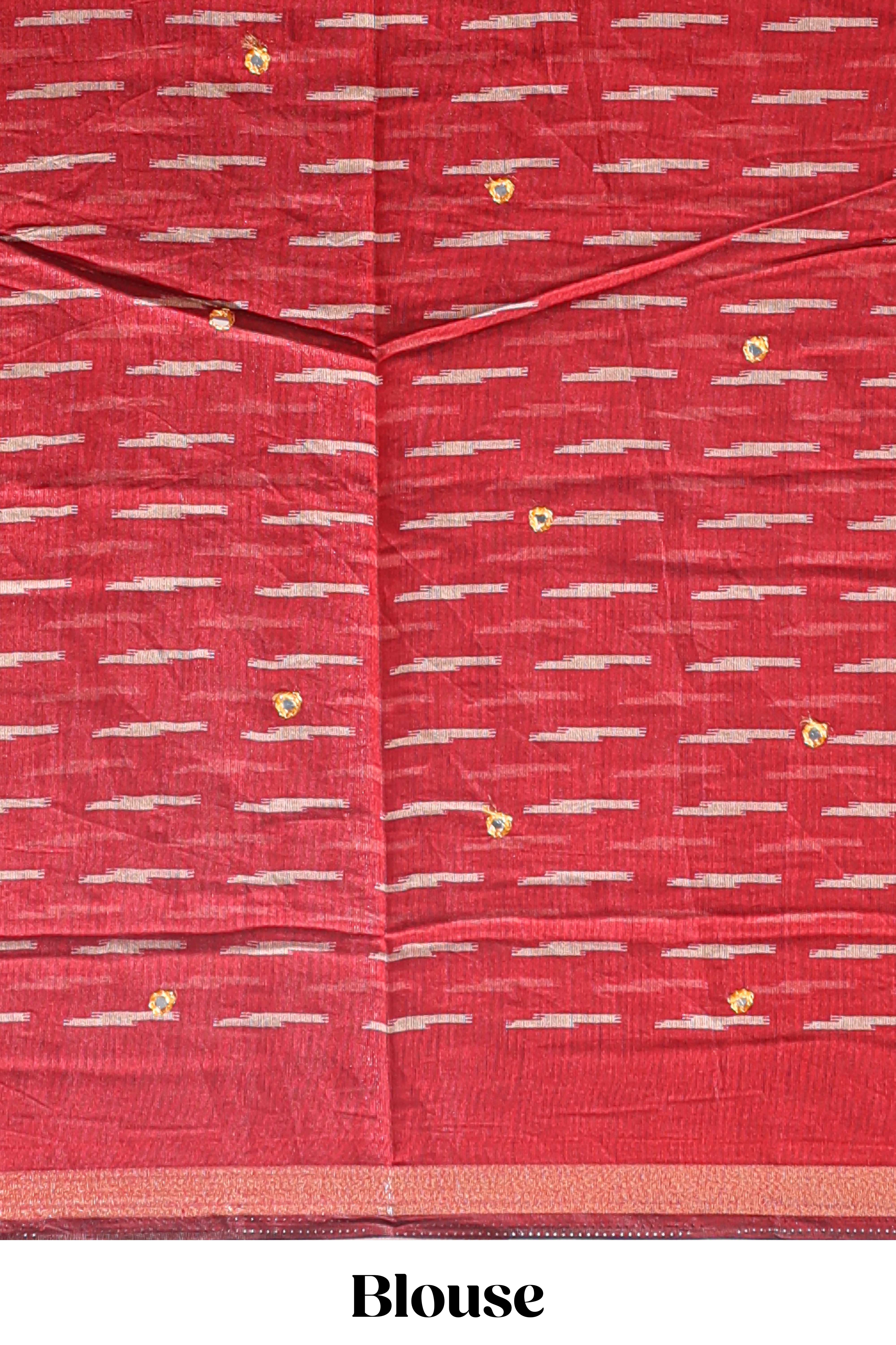 Beige chevron embroidery mirror work marsh mellow saree with contrast red border and printed blouse - Image 5