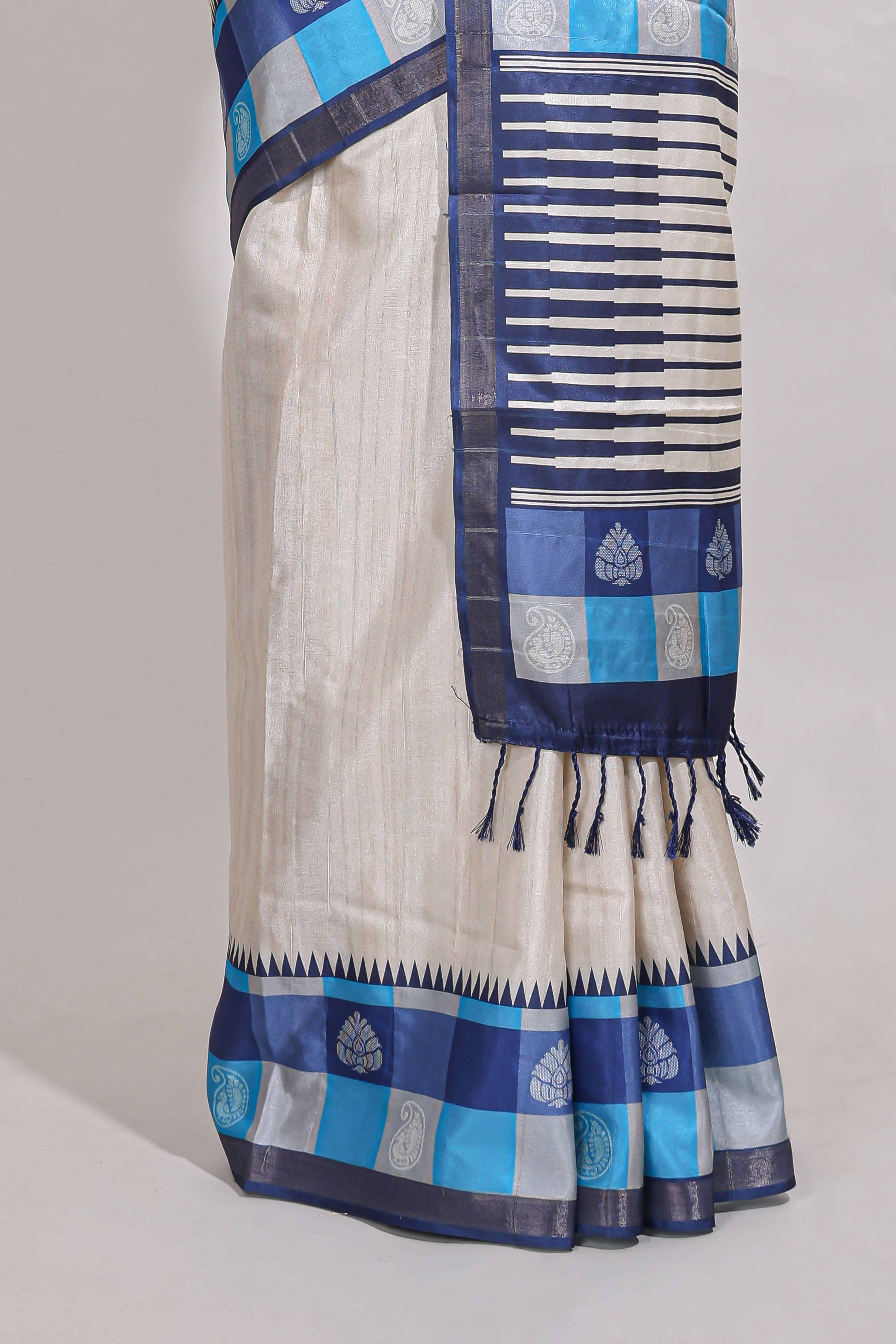 beige colour semi tussar saree with contrast checked border and contrast checked blouse - Image 4