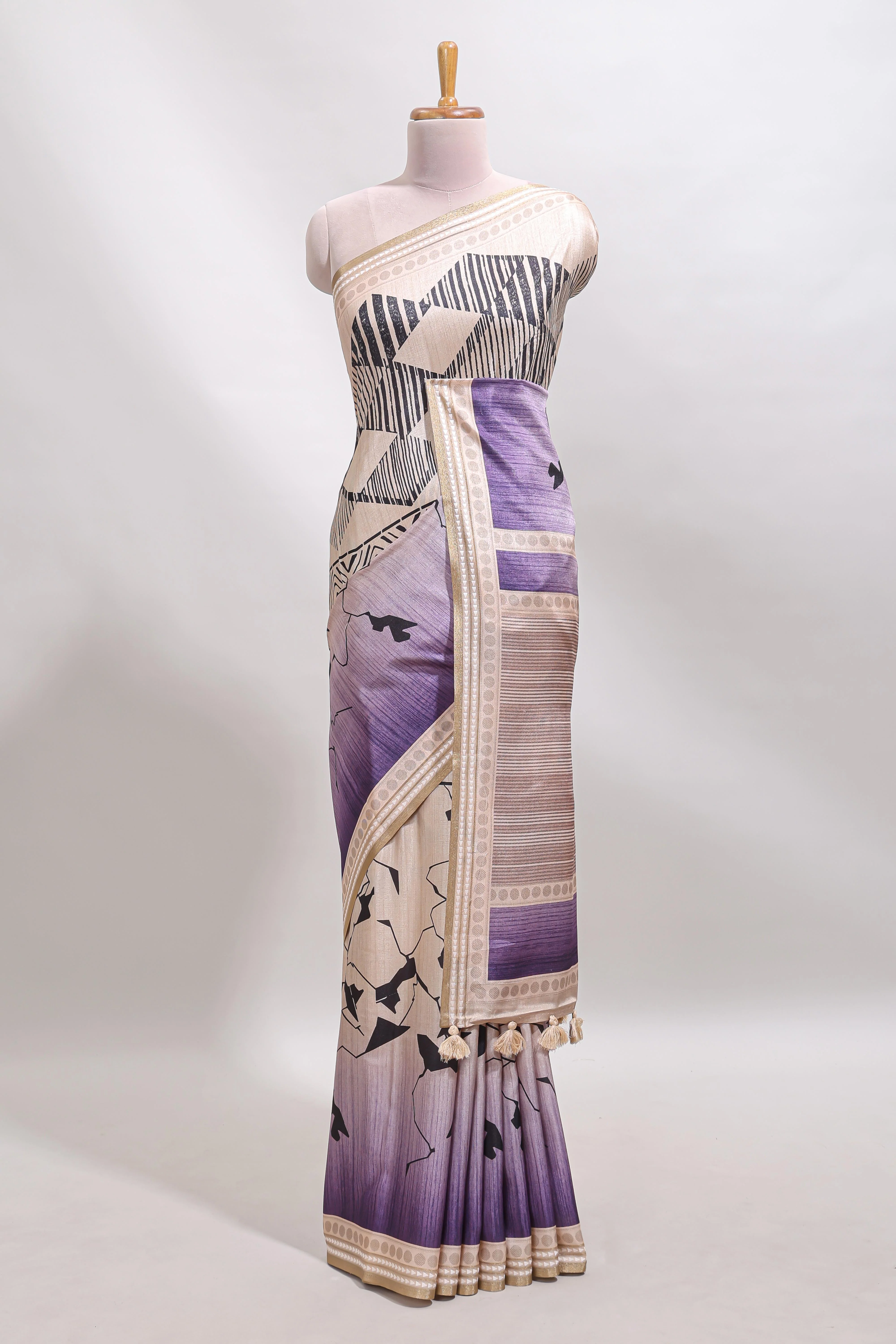 Beige geometric design tussar saree with self border and matching blouse - Image 2