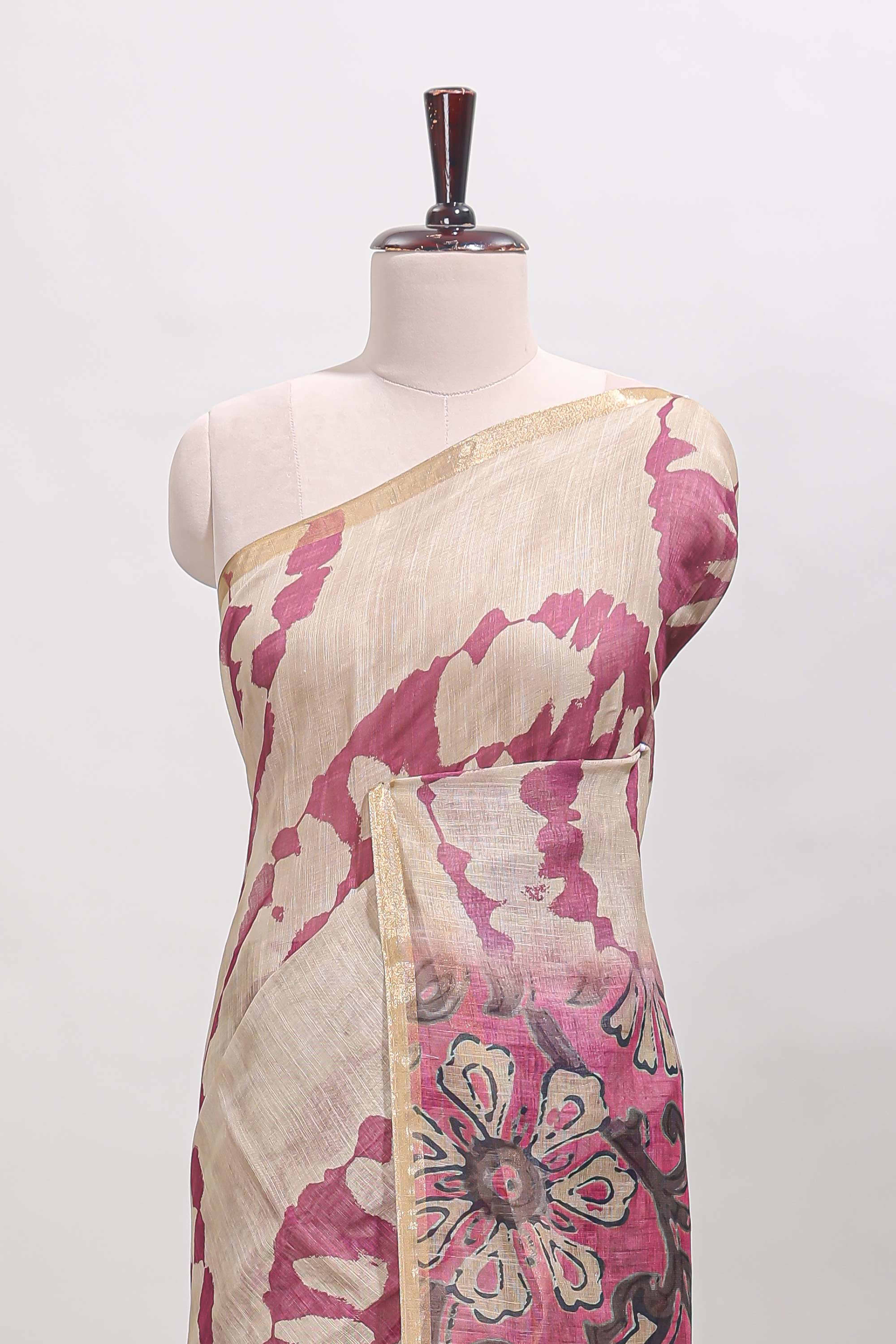 Beige linen cotton saree with purple shibori print, self zari border and floral design pallu - Image 3