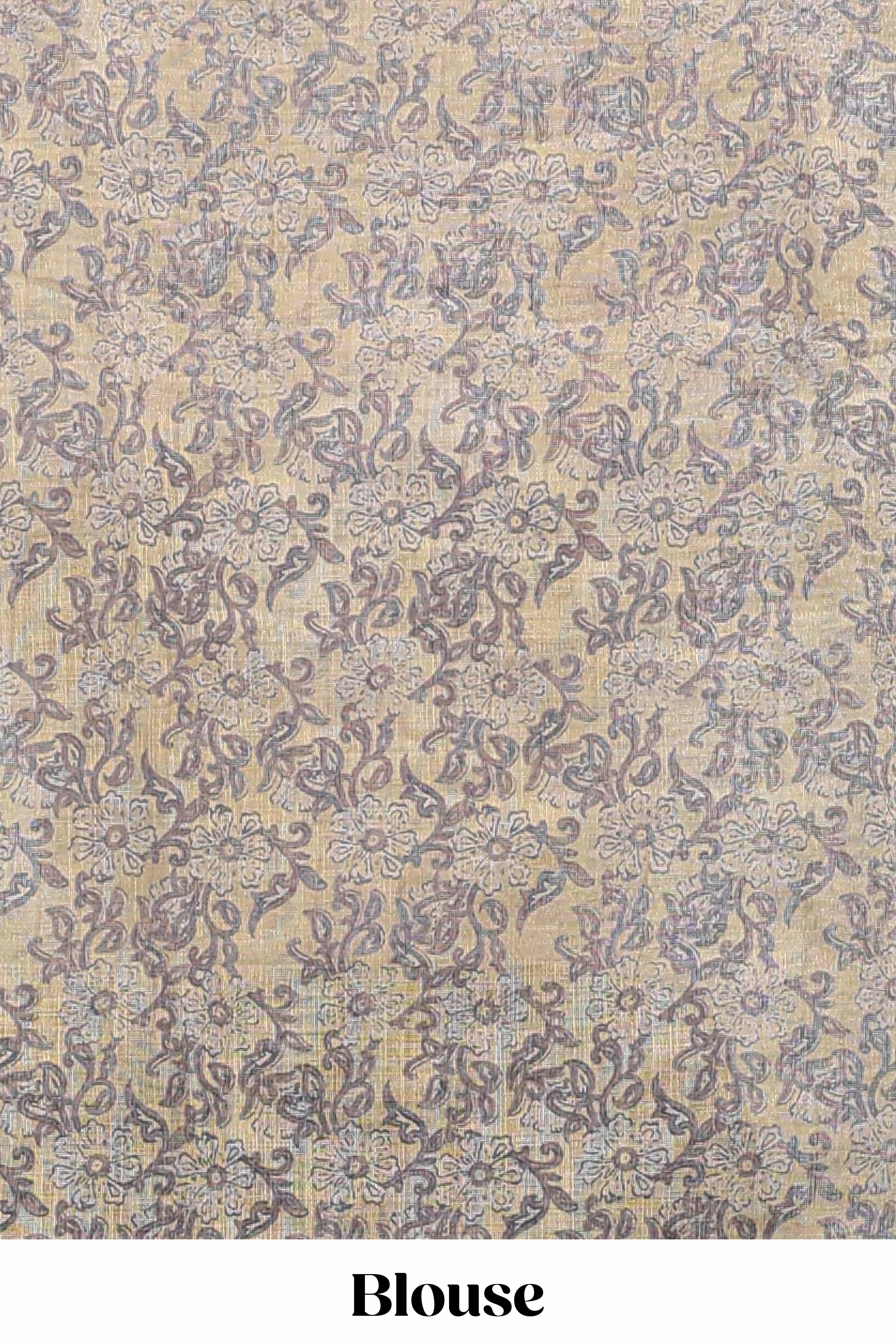 Beige linen cotton saree with yellow shibori print, self zari border and floral design pallu - Image 5
