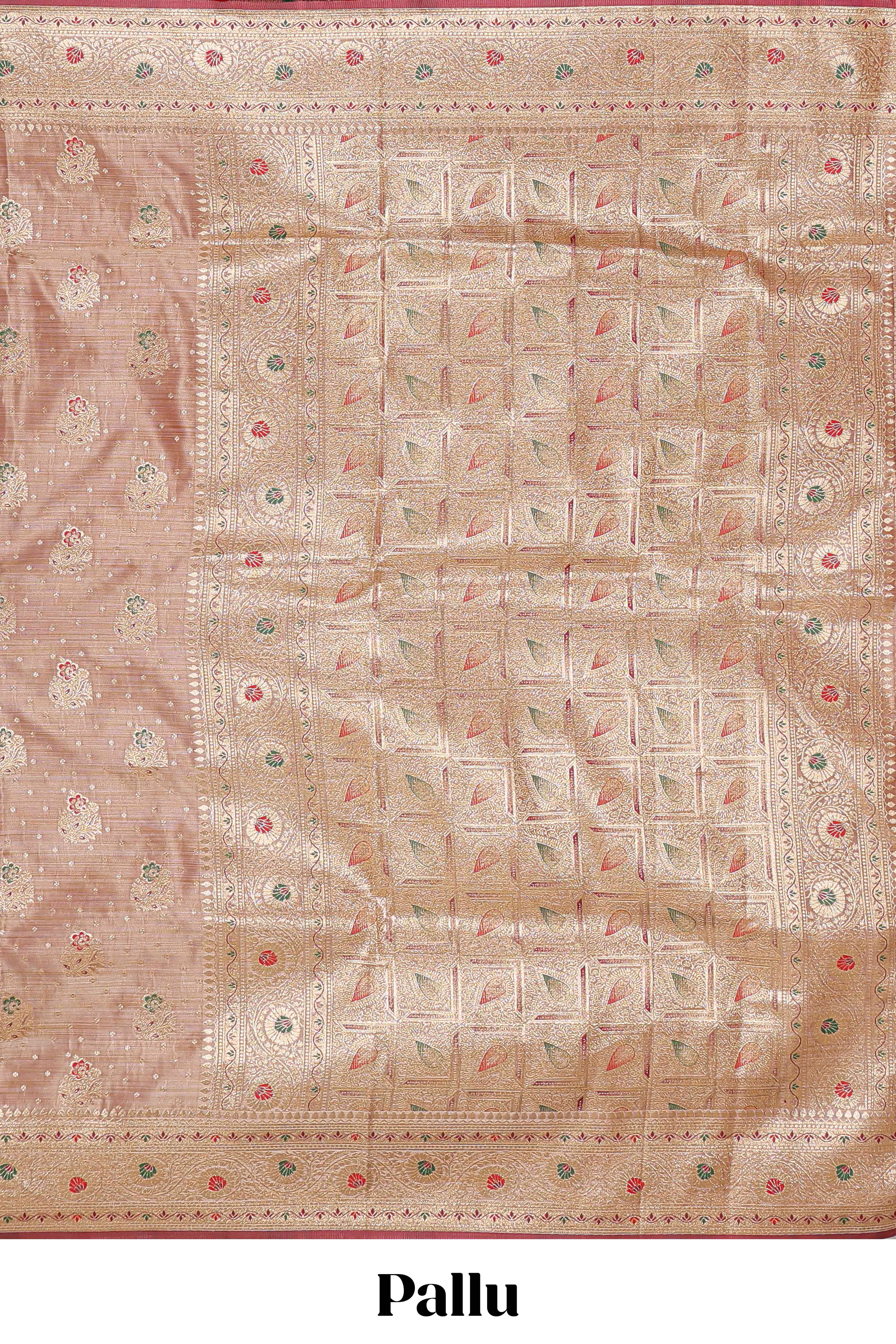 Beige zari butta semi soft silk saree with self border and matching pallu - Image 6