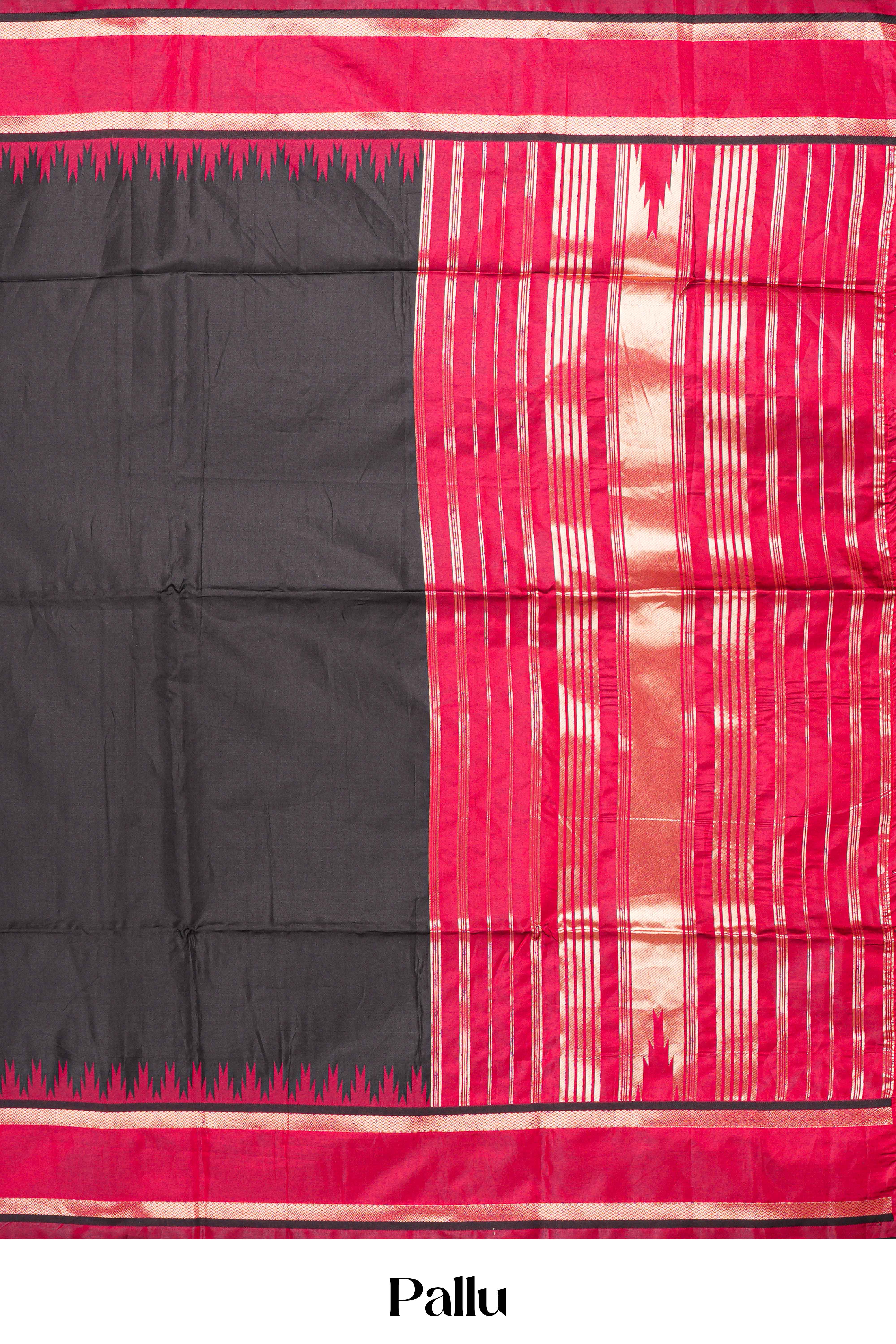 Black Art Silk Saree With Plain Body Contrast Gold Zari Stripes Pallu - Image 5