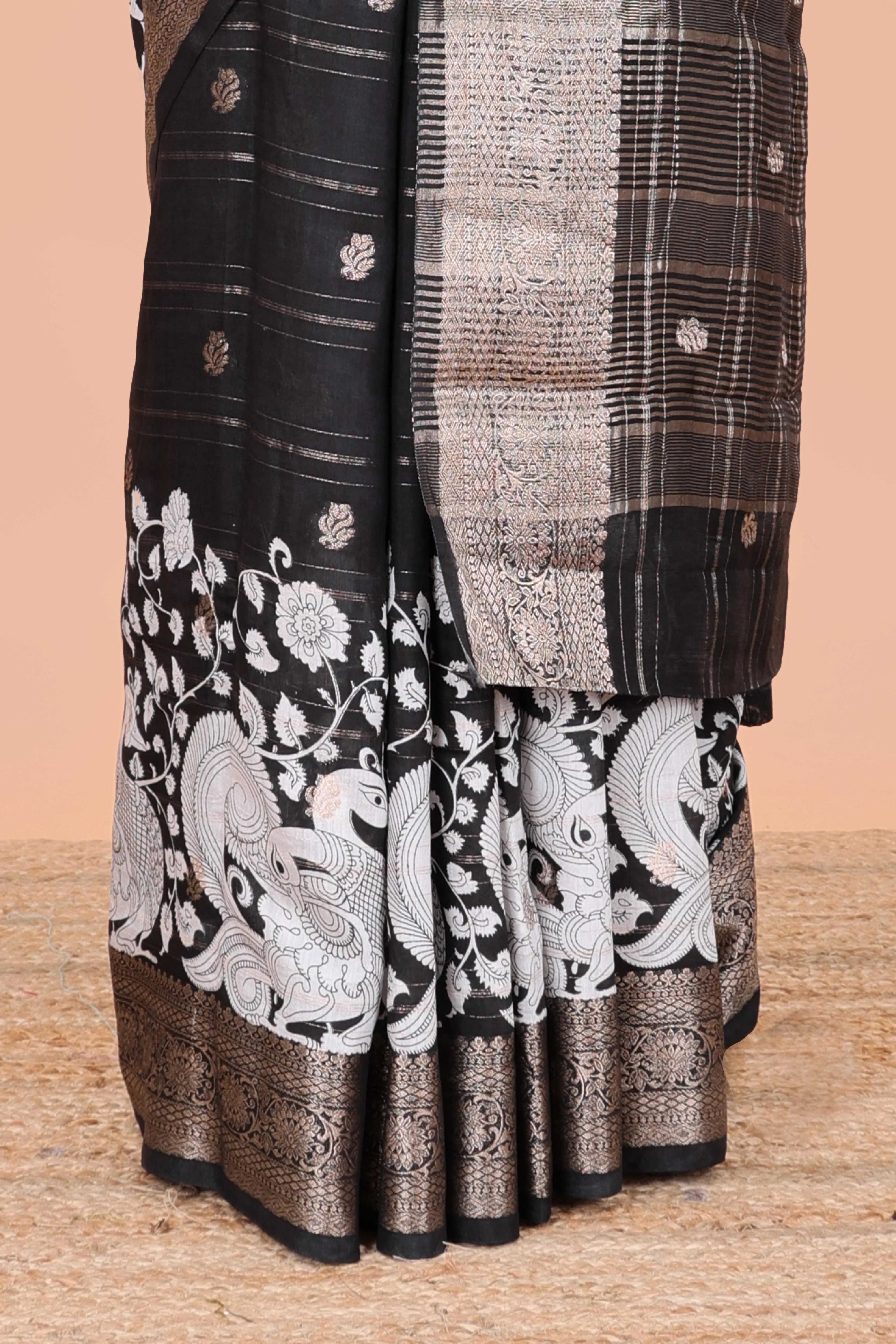 Black assam silk printed saree with self border and pallu - Image 4