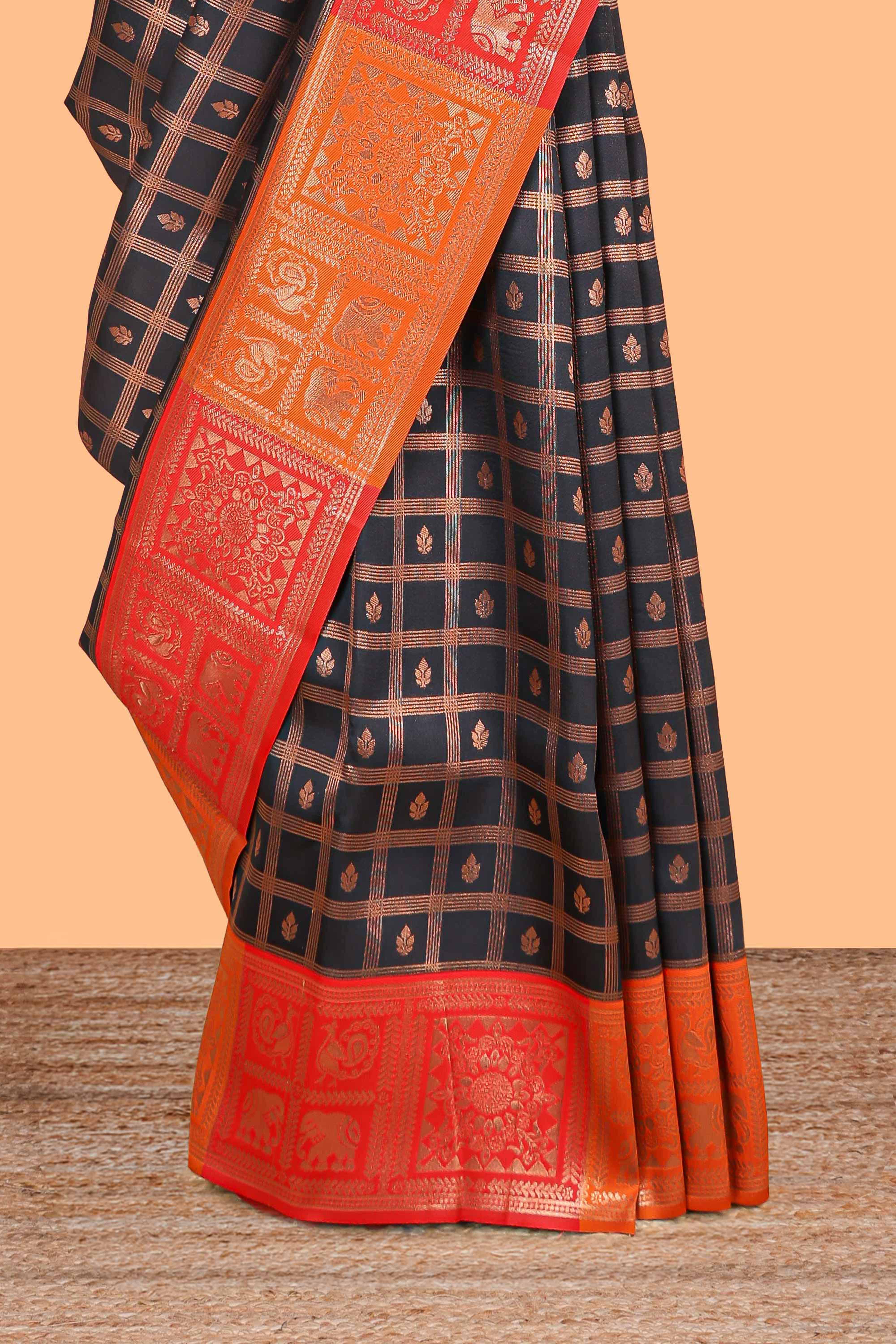 Black checked floral motifs litchi silk saree with contrast zari border and zari butta blouse - Image 3