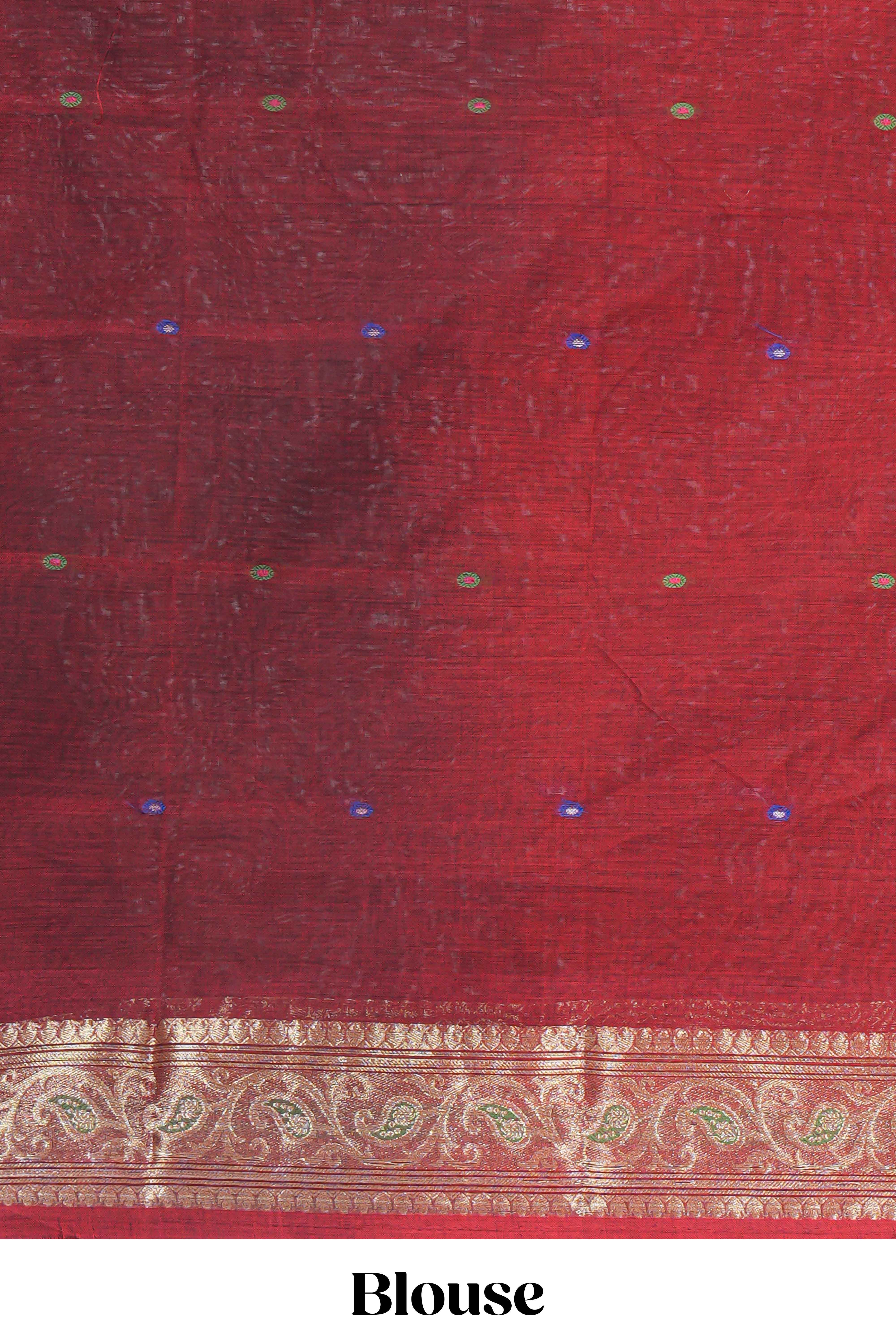 Black colour bengal cotton saree with all over thread buttas contrast bentex border and contrast pallu along with blouse piece - Image 3