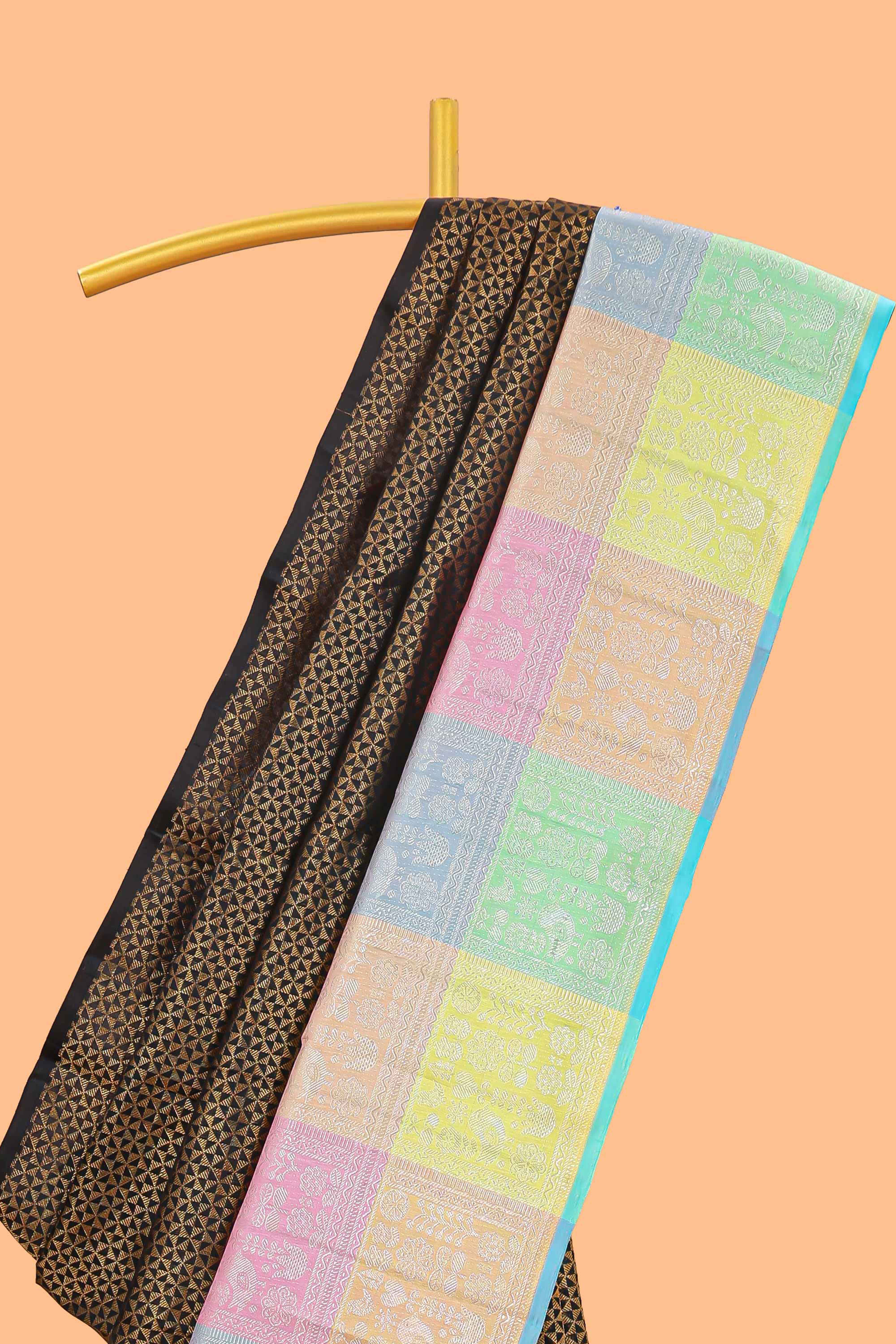 Black jacquard design swayamvara pattu saree with contrast multi color zari border and pallu - Image 2