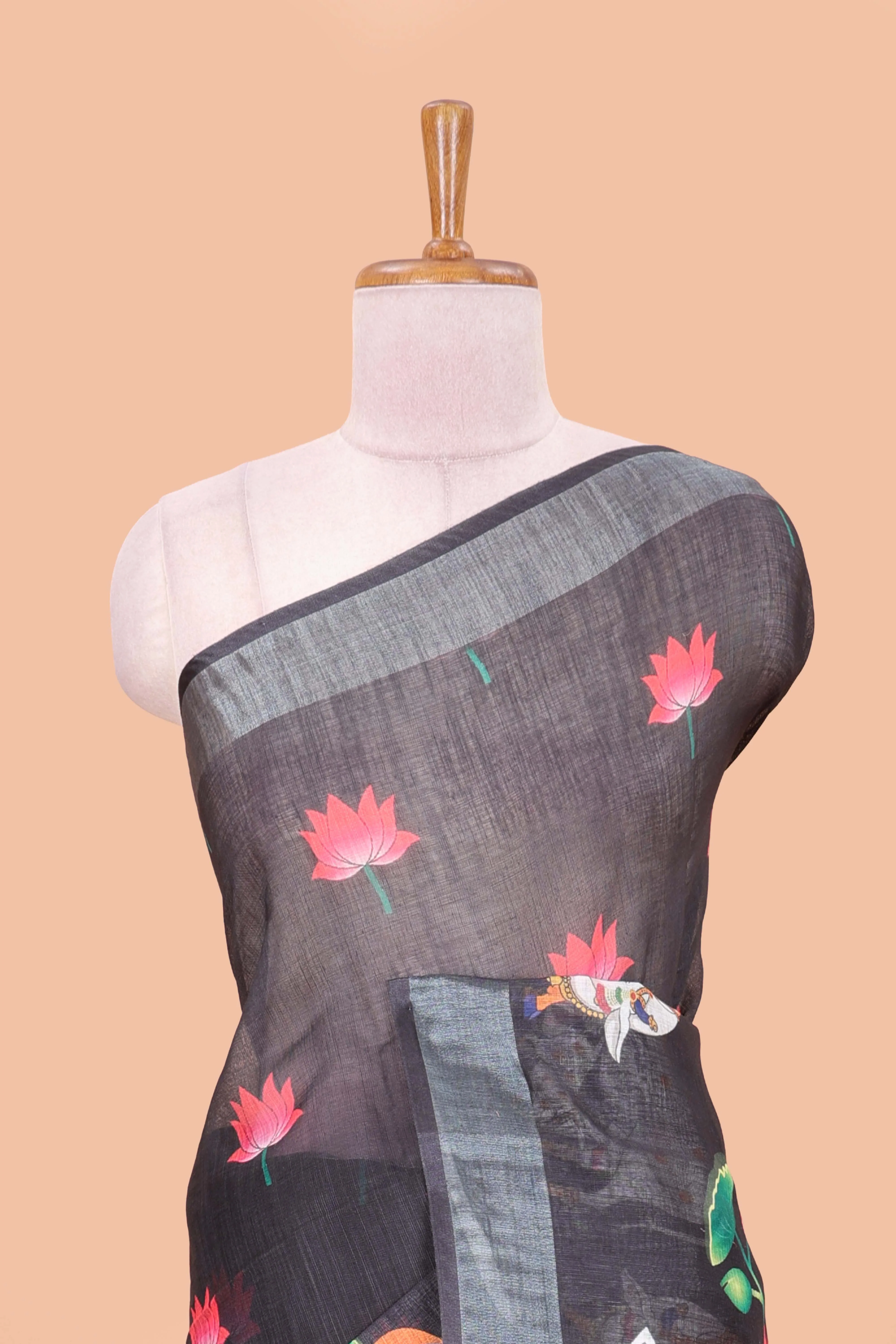 Black linen floral and animal themed print saree with zari border - Image 3