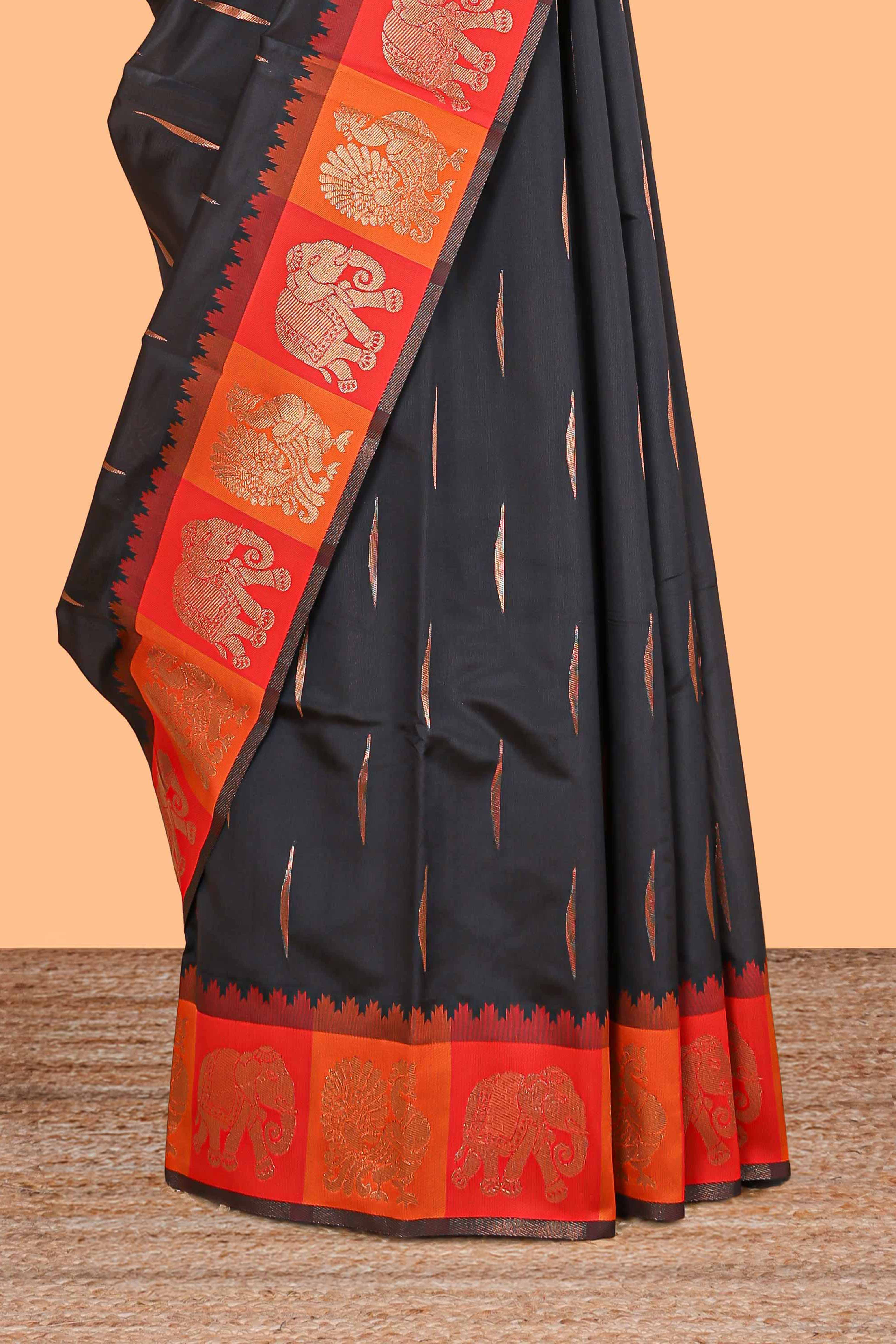 Black litchi silk saree with contrast elephant & peacock zari border and blouse - Image 3
