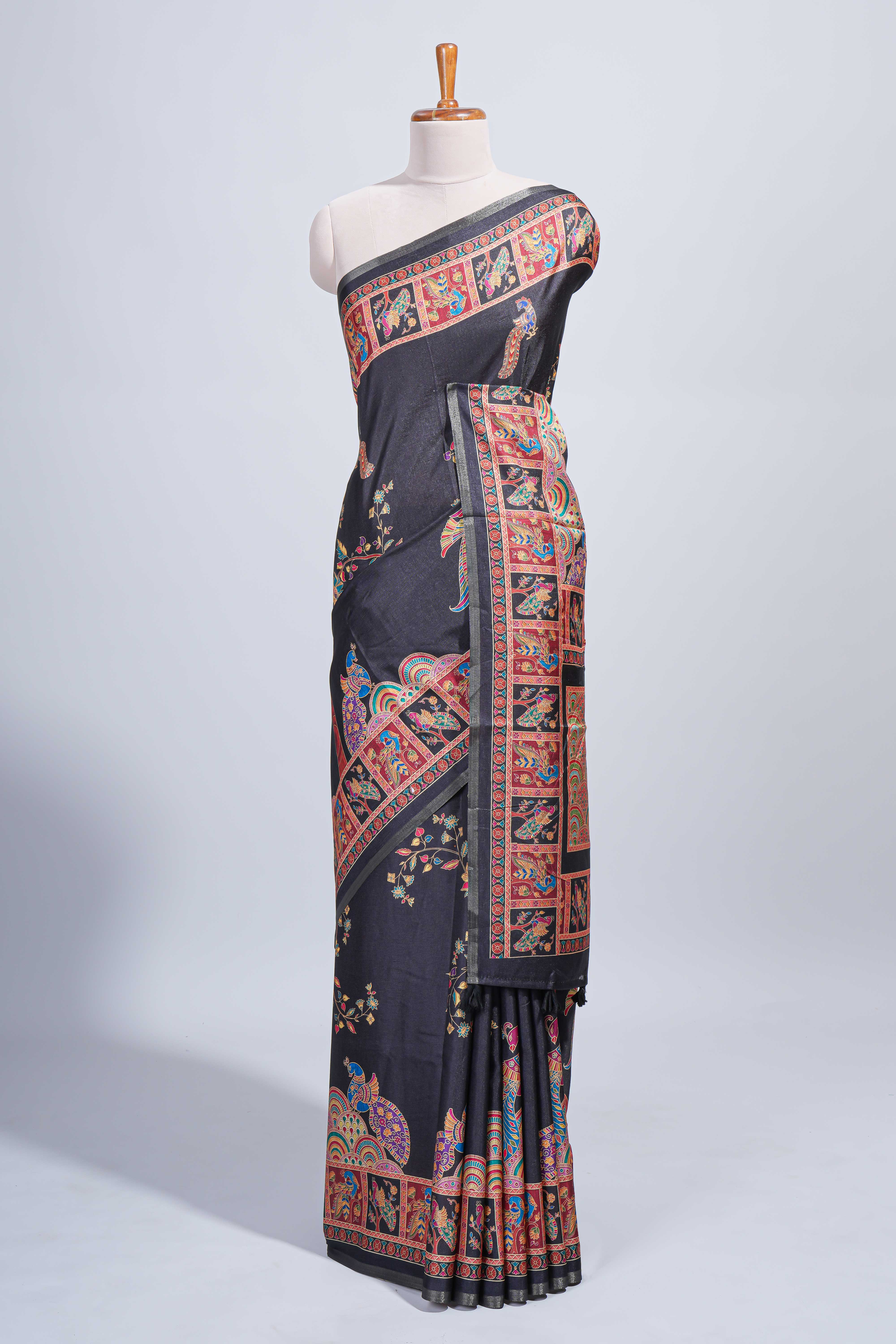 Black madhubani style floral & peacock design tussar saree with self border and matching blouse - Image 2