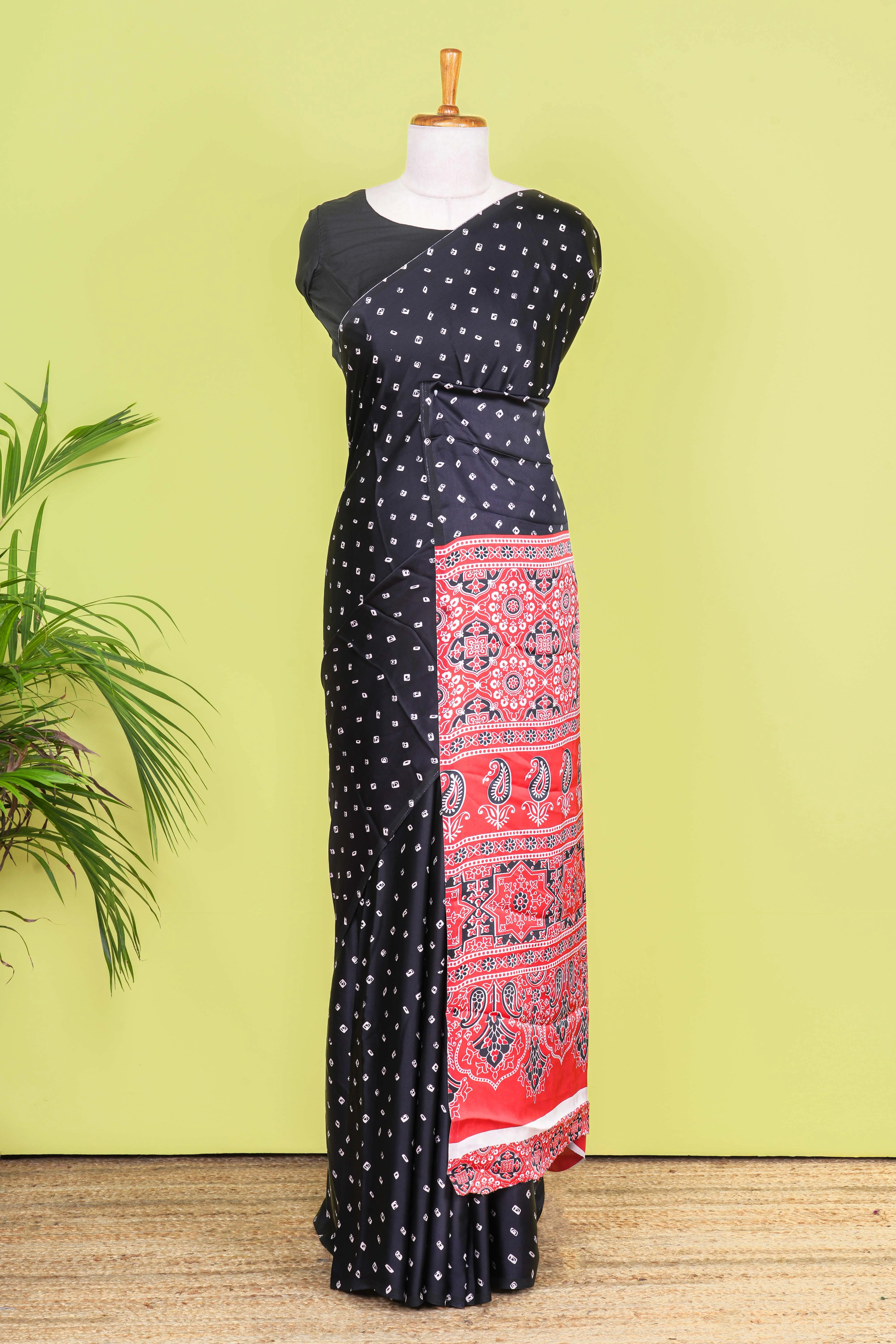 Black Modal Silk Saree Bandhani Print Across The Body With Ajrakh Design Pallu Along With Blouse - Image 2