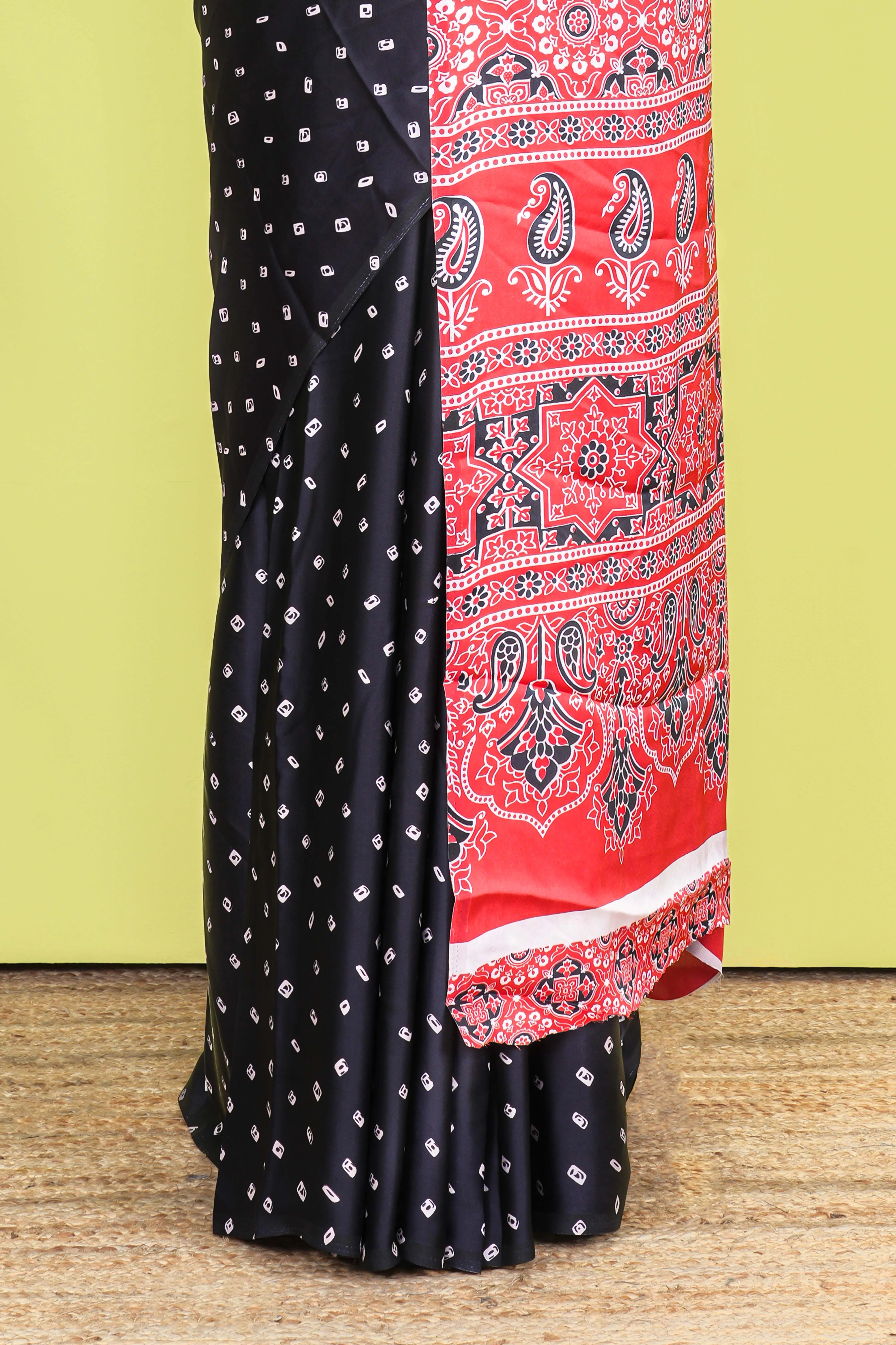 Black Modal Silk Saree Bandhani Print Across The Body With Ajrakh Design Pallu Along With Blouse - Image 4