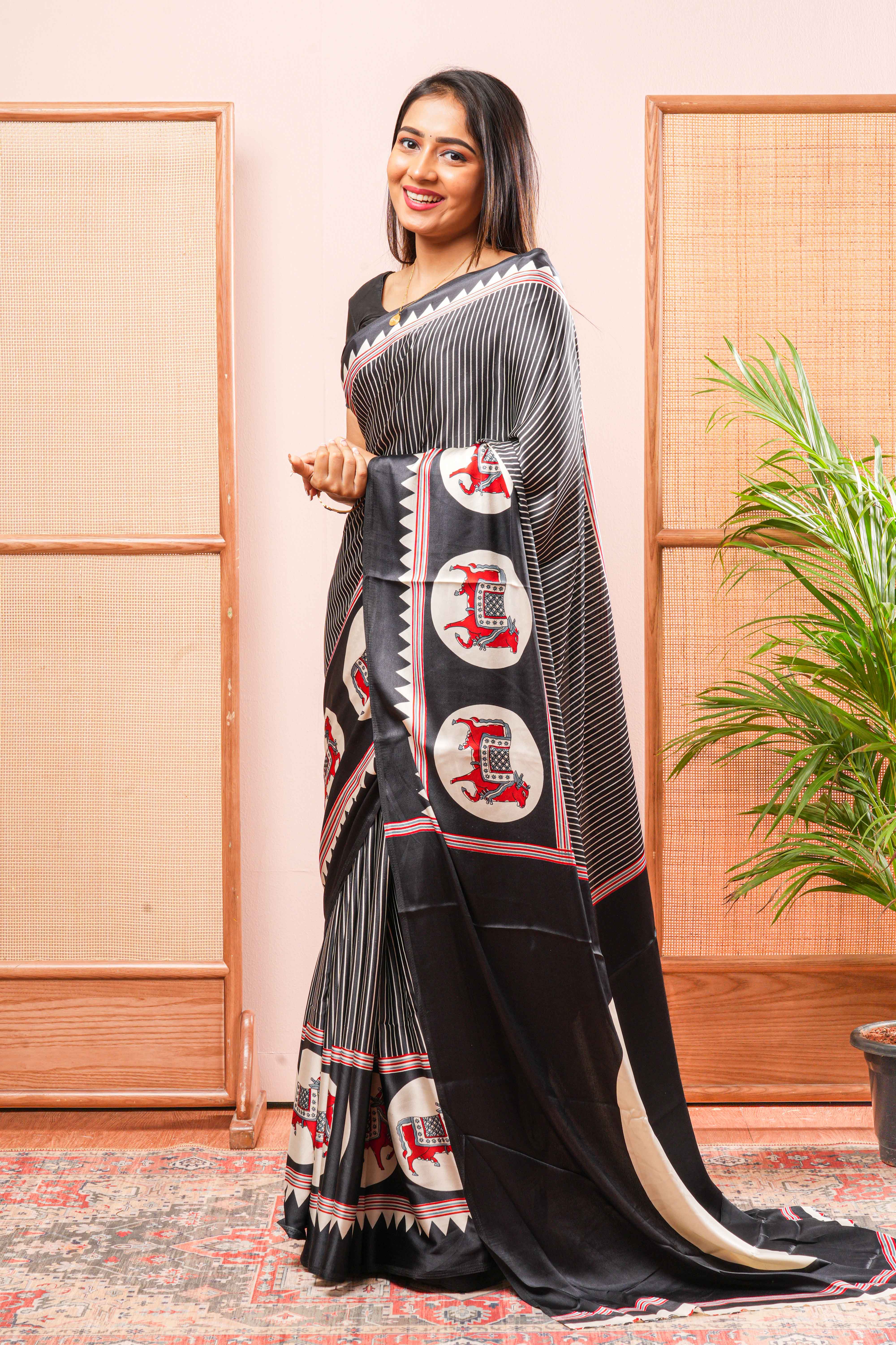 Black Modal Silk SareeThe Body Has Fine Vertical White StripesThe Border Are Highlighted Pichwai Design Contrast Coin Motifs In PalluAlong With AjrakhPrinted Blouse - Image 3