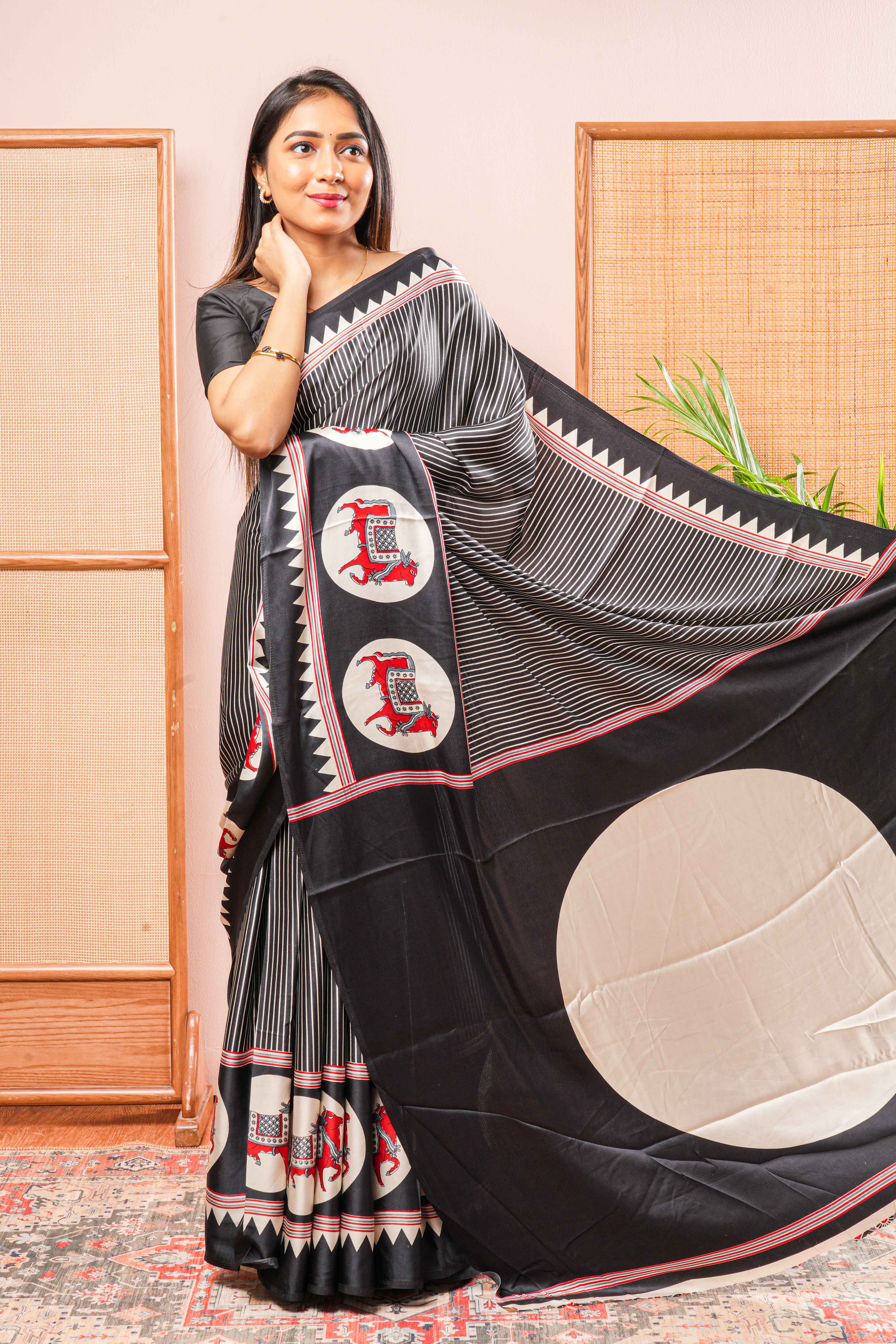 Black Modal Silk SareeThe Body Has Fine Vertical White StripesThe Border Are Highlighted Pichwai Design Contrast Coin Motifs In PalluAlong With AjrakhPrinted Blouse - Image 4