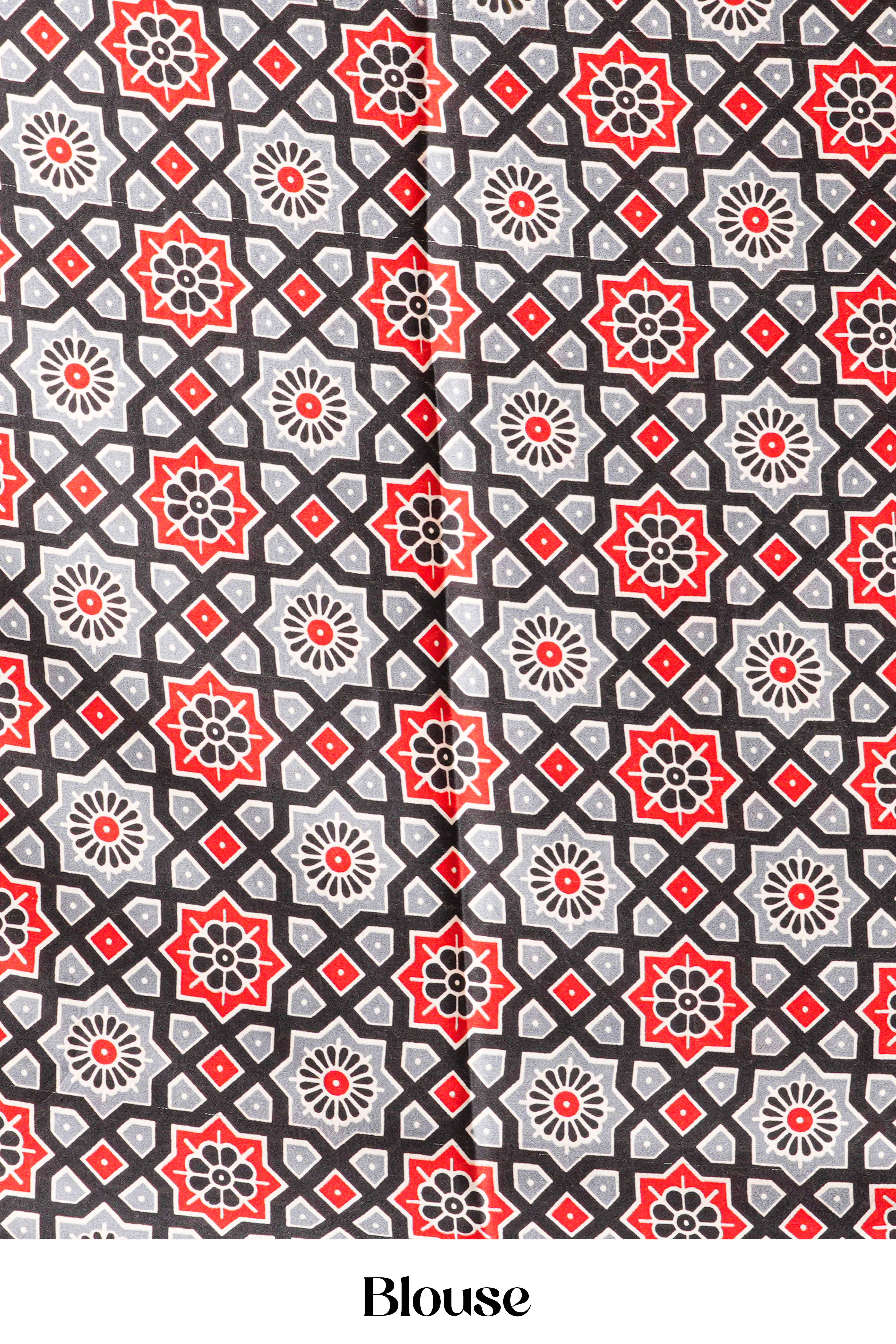 Black Modal Silk SareeThe Body Has Fine Vertical White StripesThe Border Are Highlighted Pichwai Design Contrast Coin Motifs In PalluAlong With AjrakhPrinted Blouse - Image 5