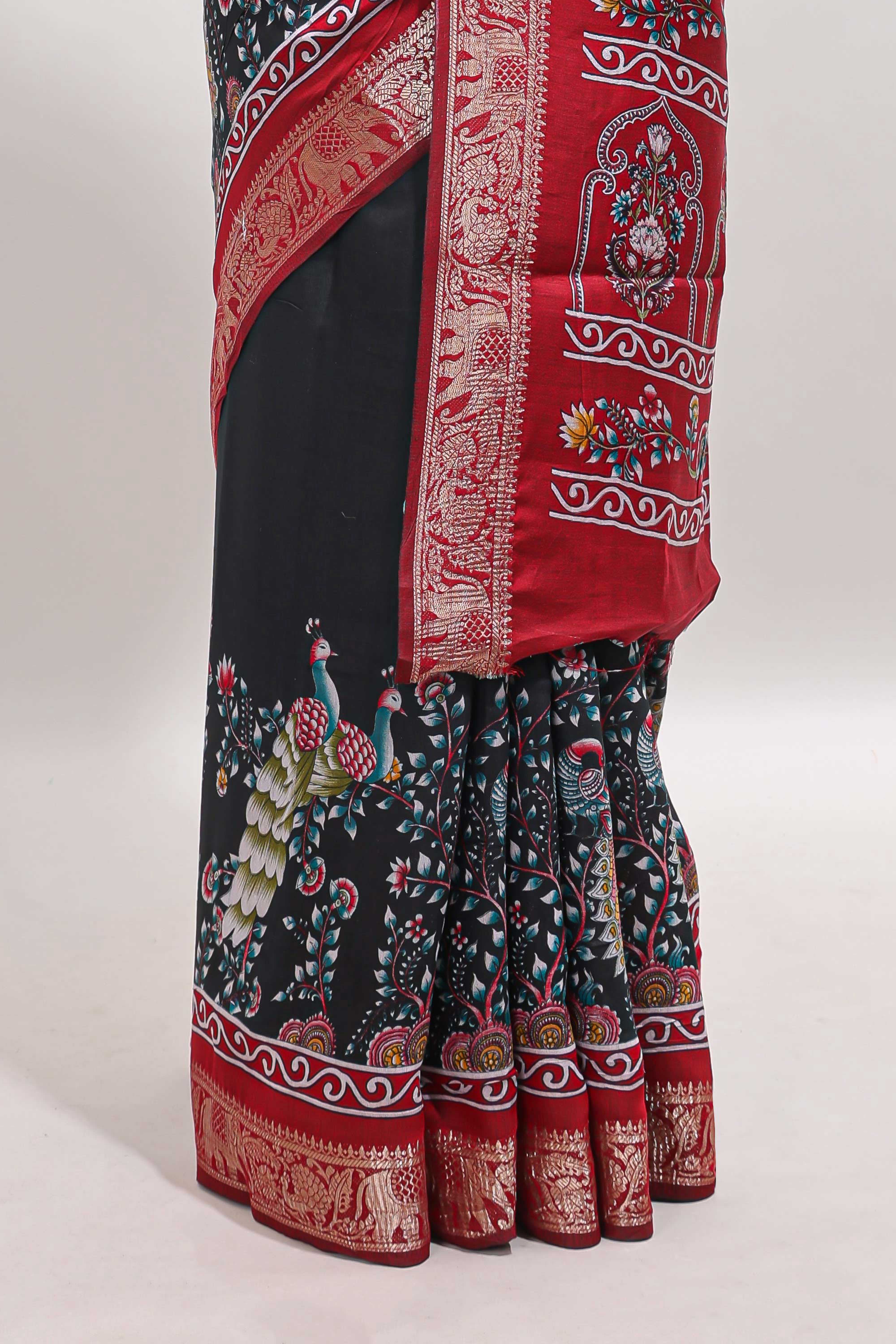 Black peacock & floral design marsh mellow saree with contrast border and printed blouse - Image 4