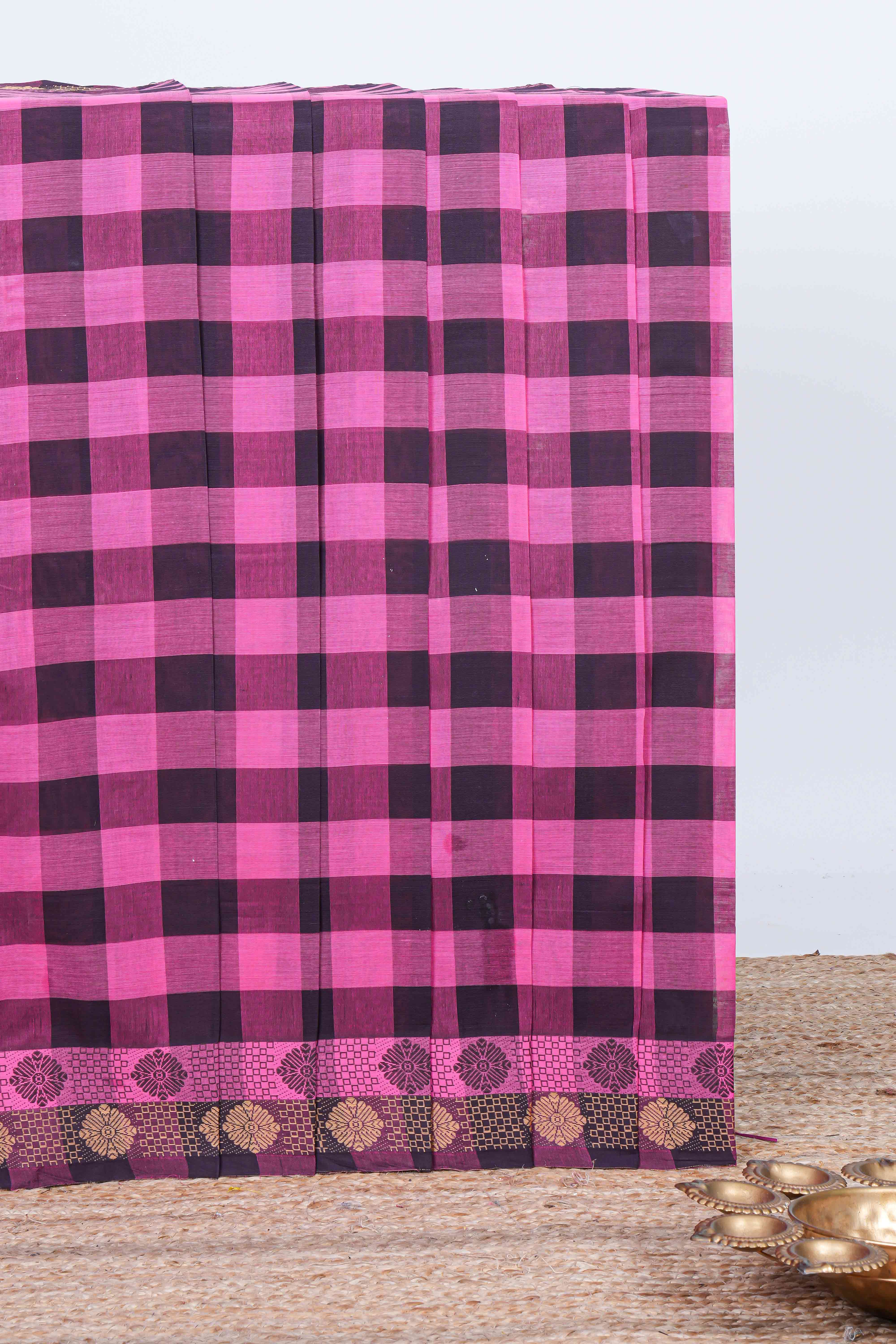 Black & pink checked chettinad cotton saree with self border and matching pallu