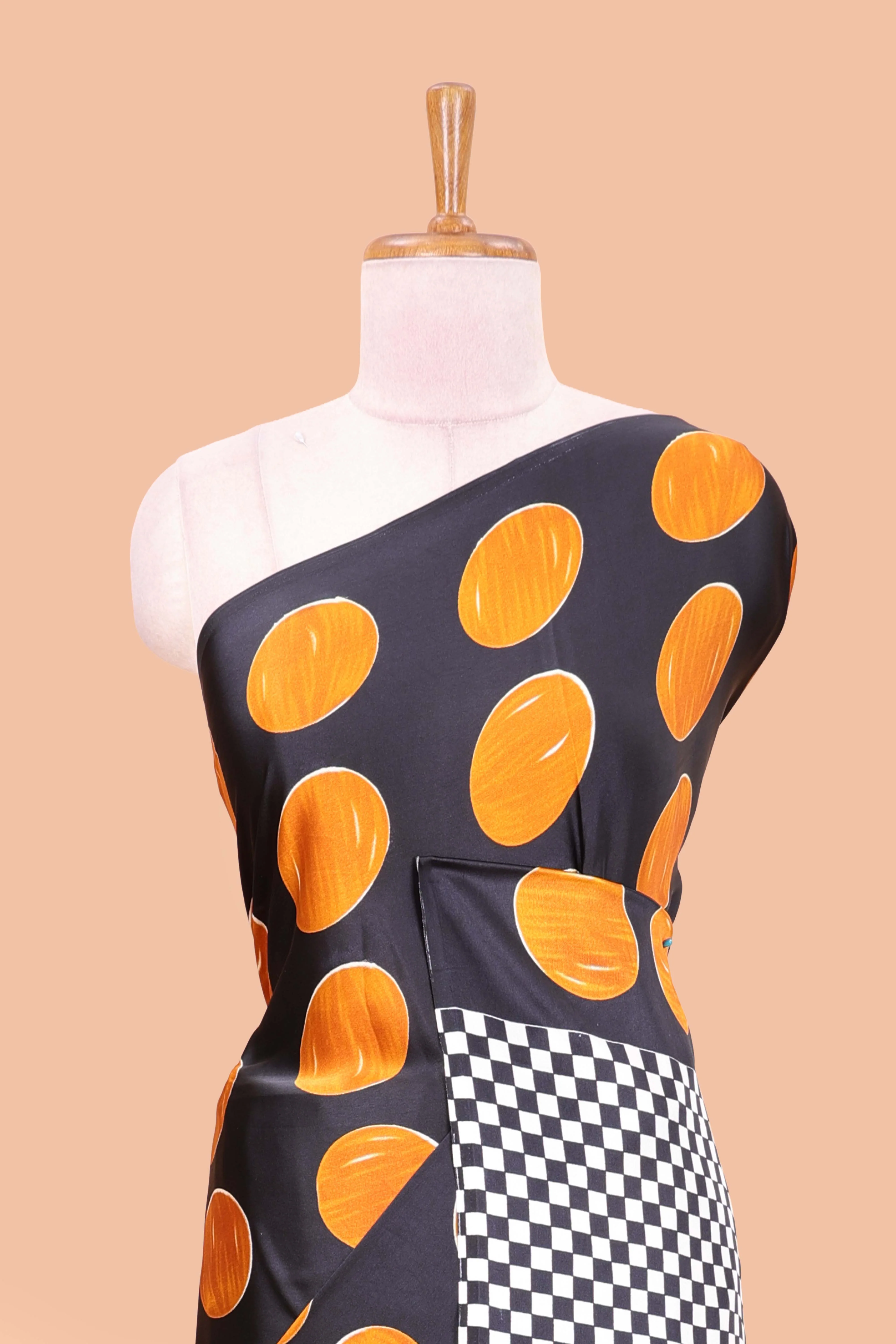 Black satin modal saree with orange polka print, contrast checked pallu, and printed blouse - Image 3