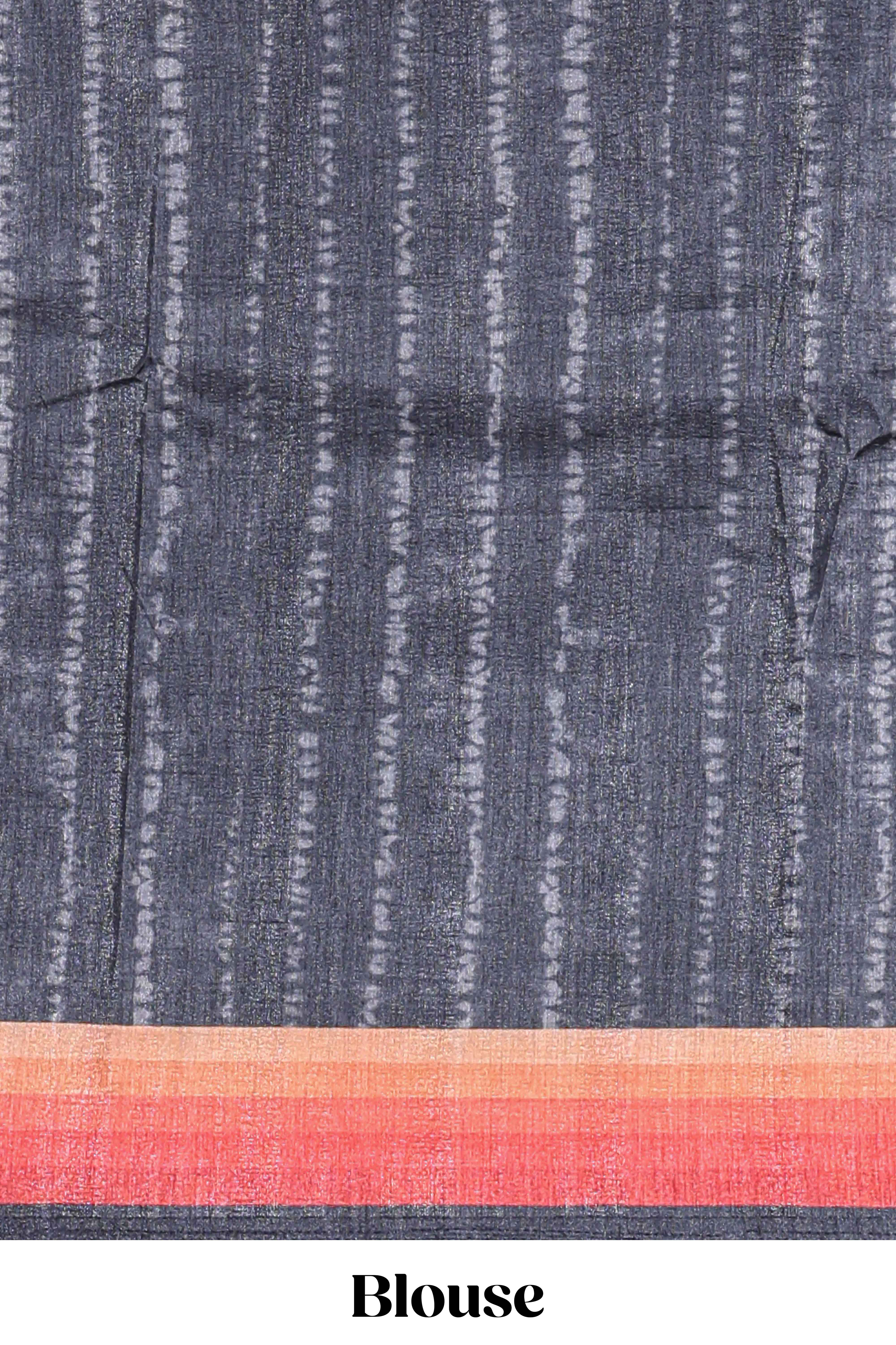 Black textured plain art tussar saree with contrast orange border and matching striped blouse - Image 5