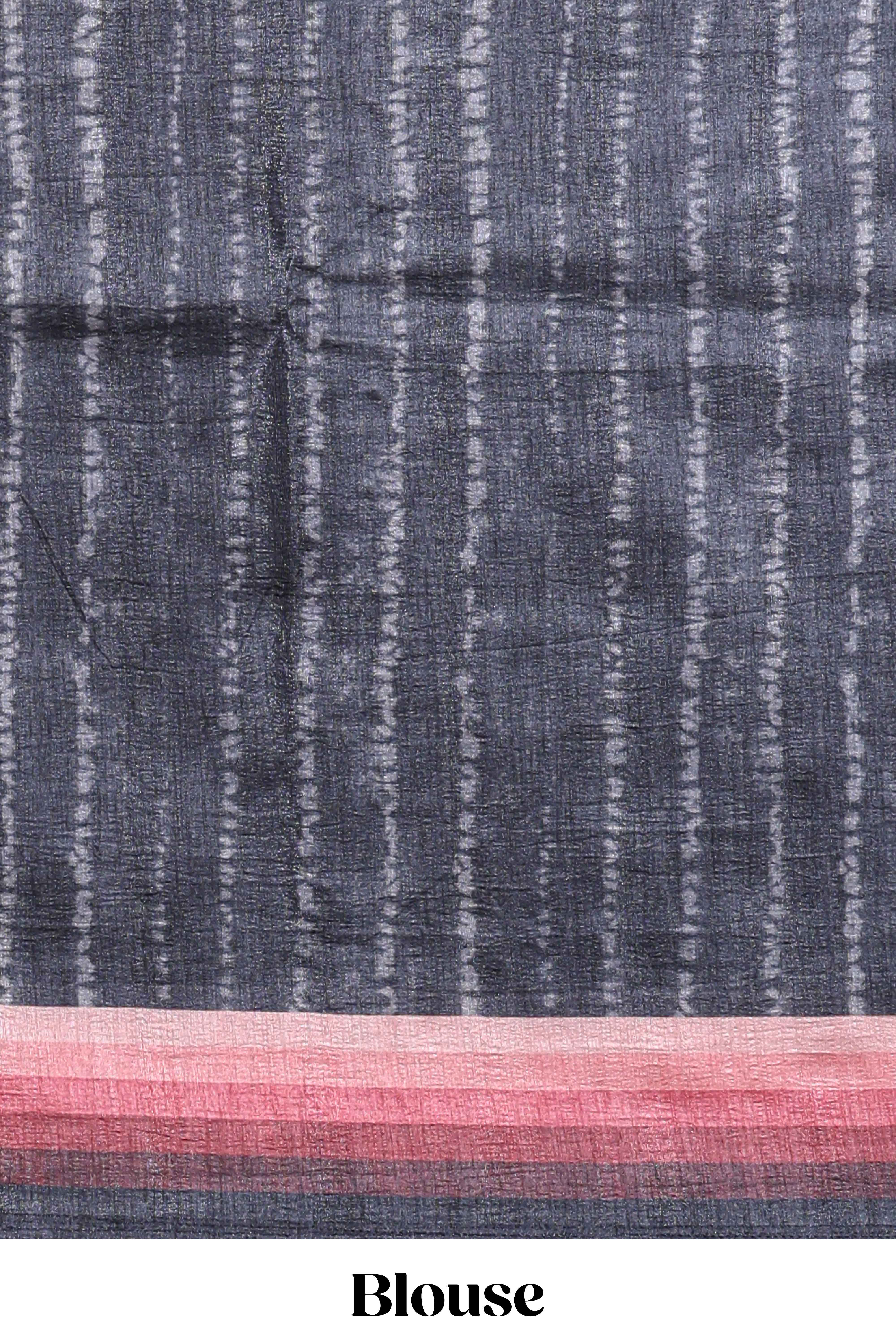 Black textured plain art tussar saree with contrast pink border and matching striped blouse - Image 5
