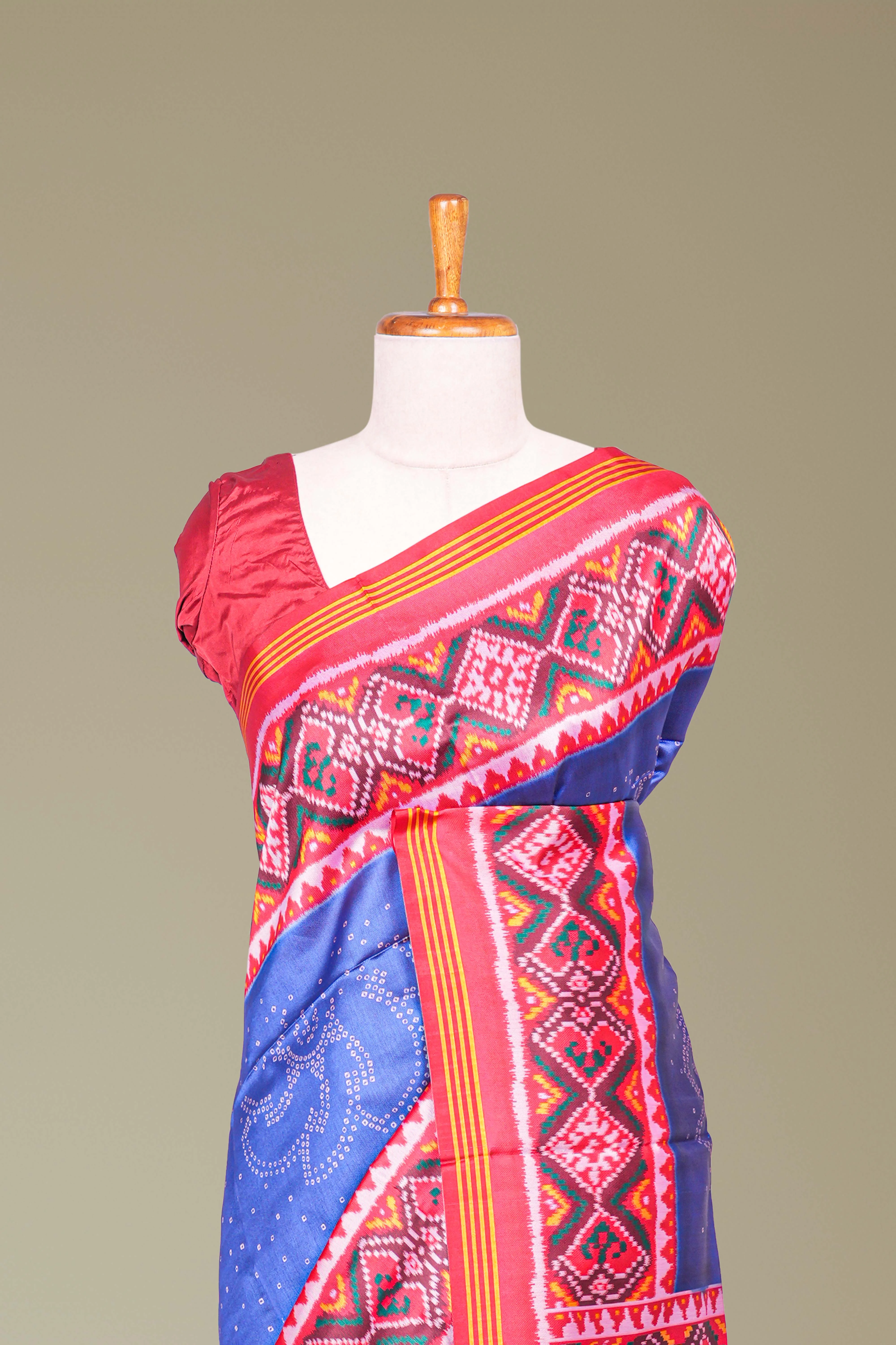Blue Art Silk Saree Bandhani Design Across The Body With Contrast Patola Design Pallu Along With Blouse - Image 3