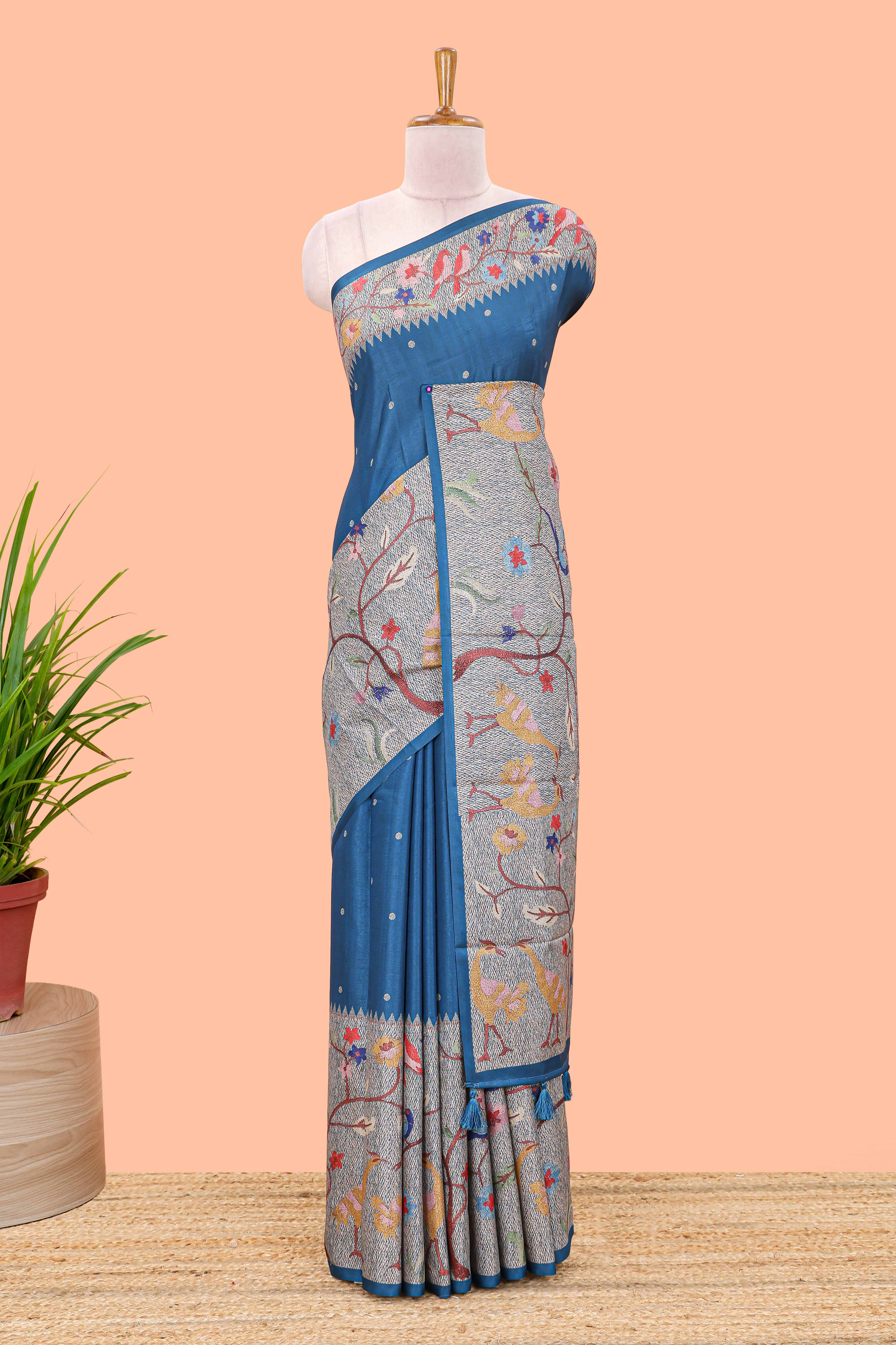 Blue art tussar silk saree with traditional dot print and paithani-style floral and animal motifs - Image 2