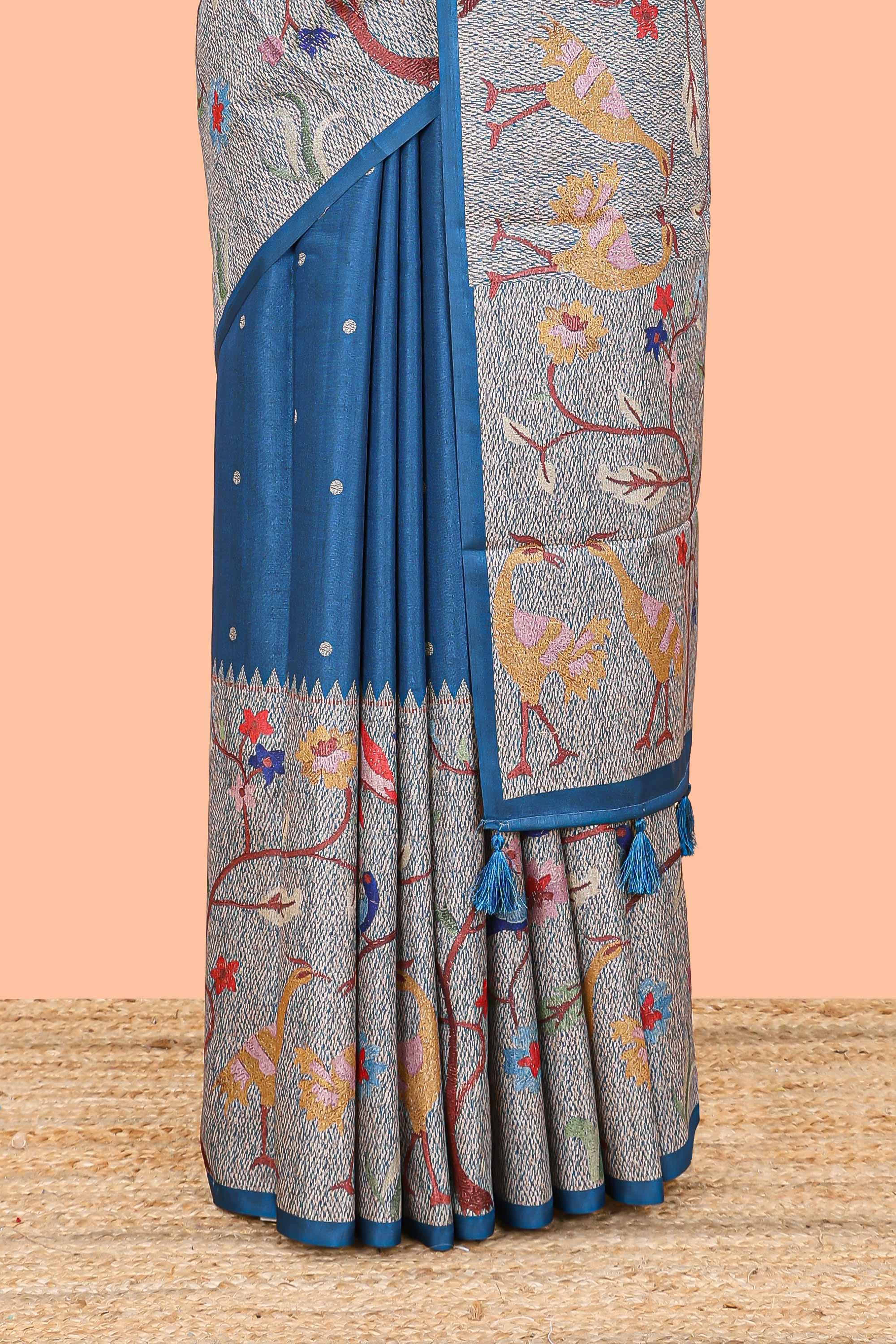 Blue art tussar silk saree with traditional dot print and paithani-style floral and animal motifs - Image 4