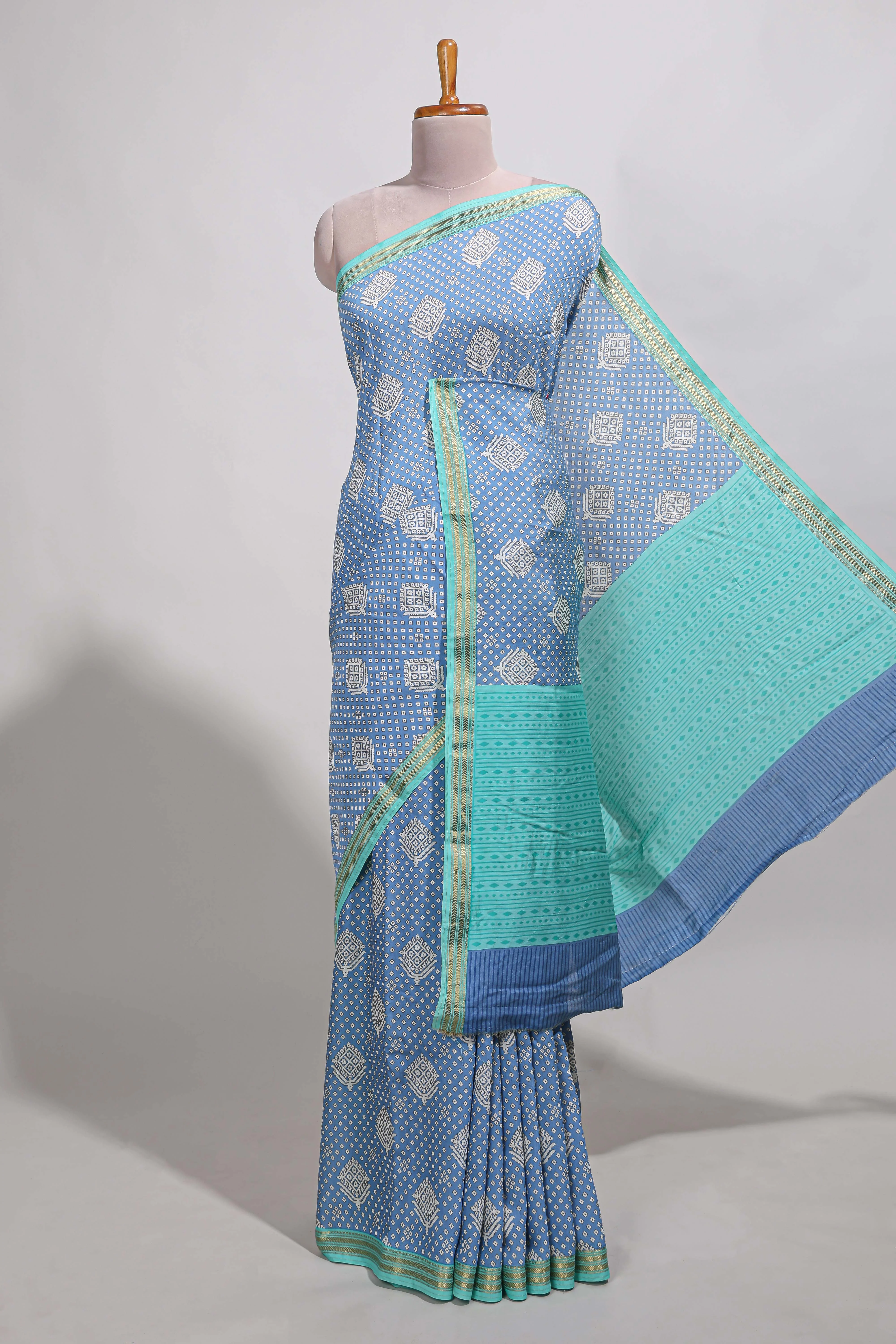 Blue bandhani assam silk saree with zari border and matching blouse - Image 2