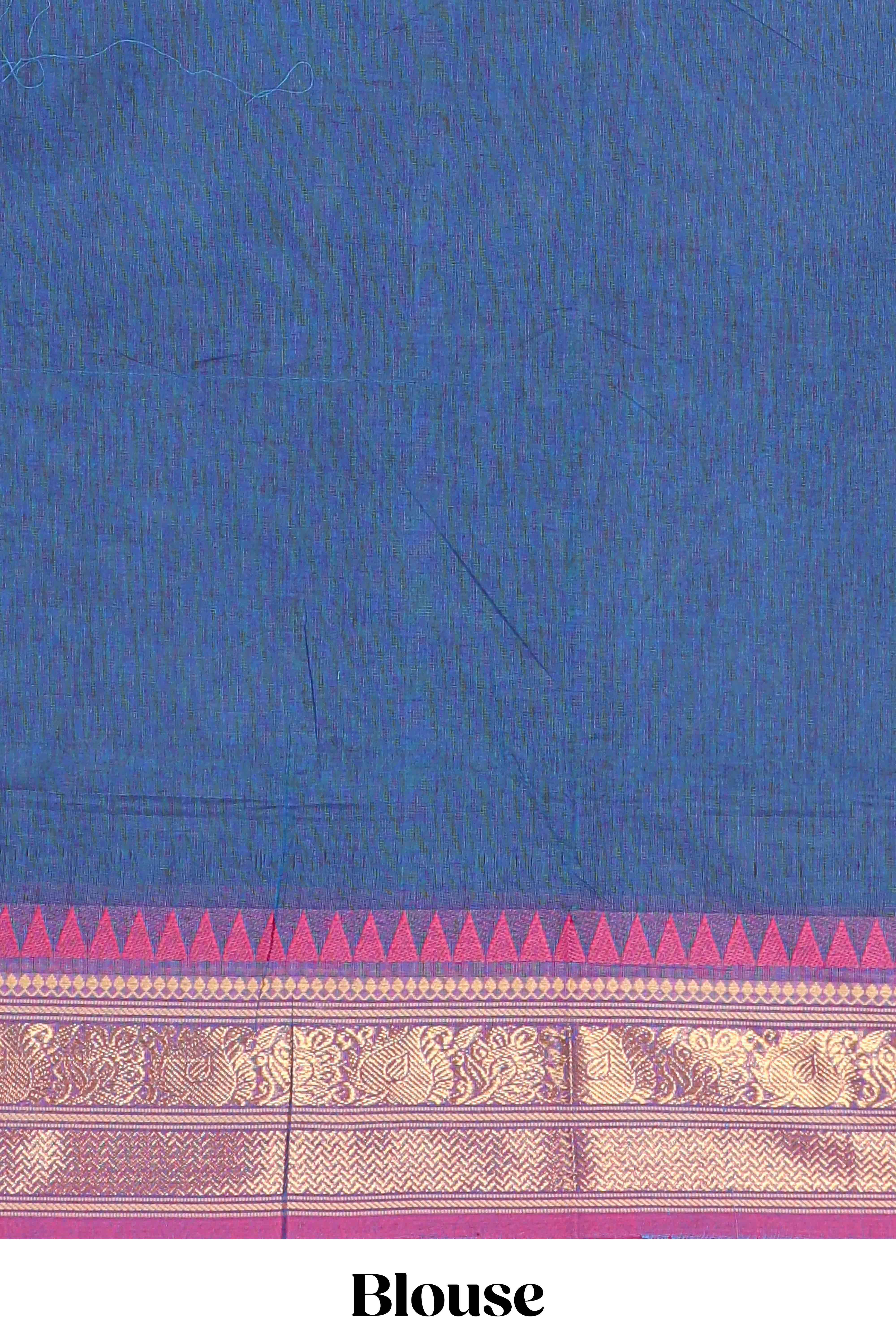 Blue butta chettinad cotton saree with contrast border and matching blouse - Image 3