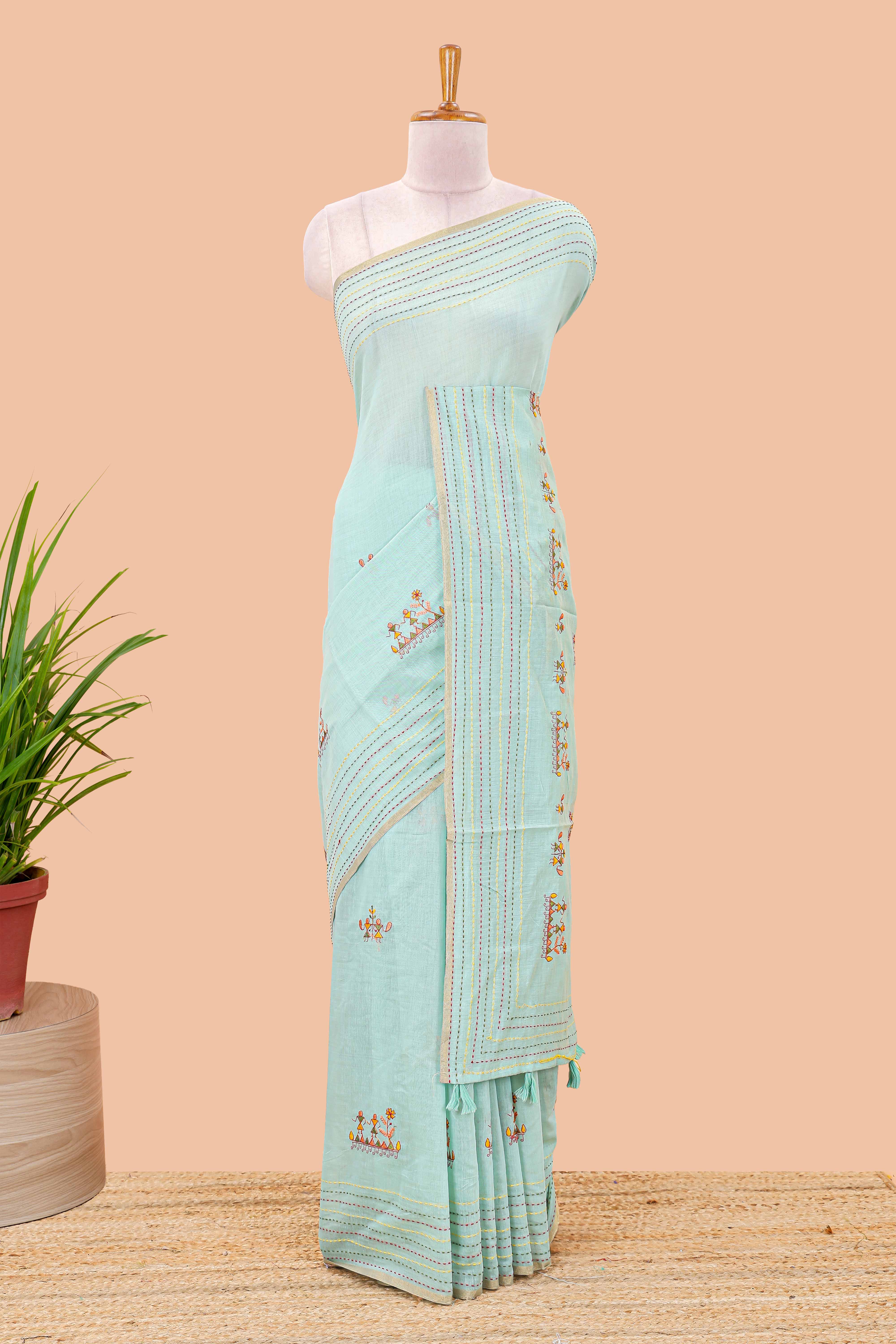 Blue chanderi cotton saree with all over warli style tribal couple embroidery and hand stitched line work - Image 2