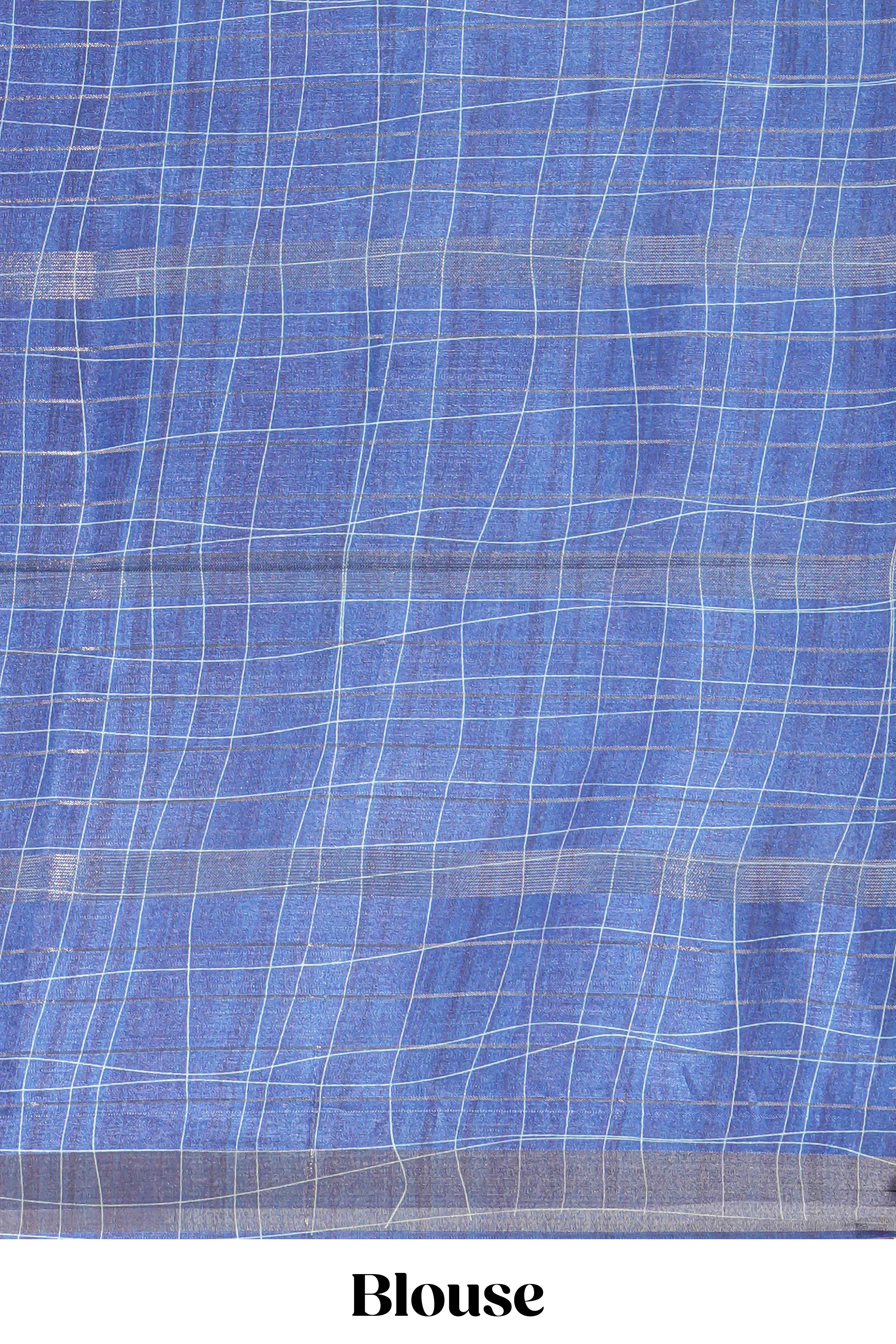 Blue checked birds & floral design semi tussar saree with contrast border and checked blouse - Image 5