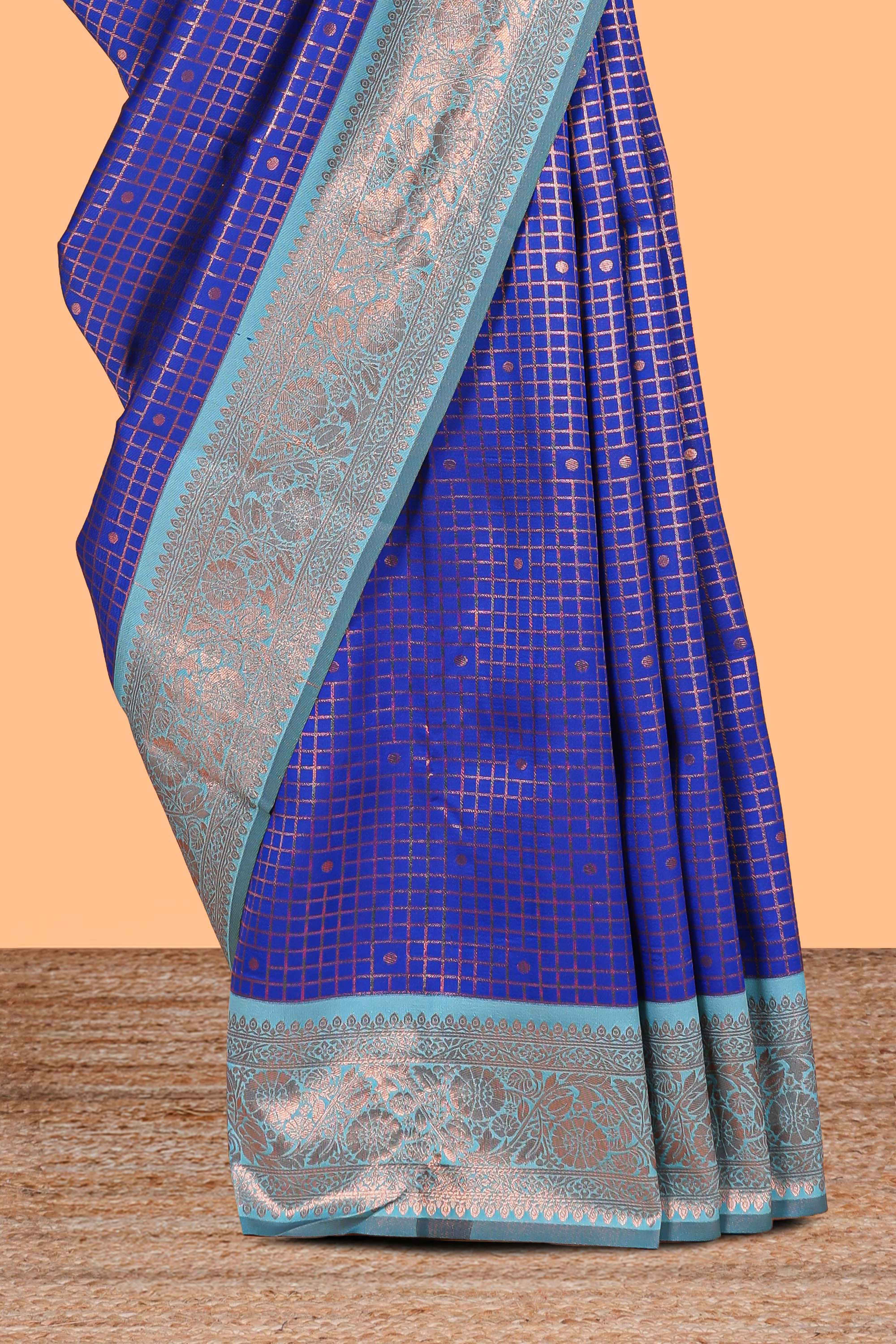 Blue checked & dotted motifs semi soft silk saree with contrast zari border and floral motifs blouse - Image 3