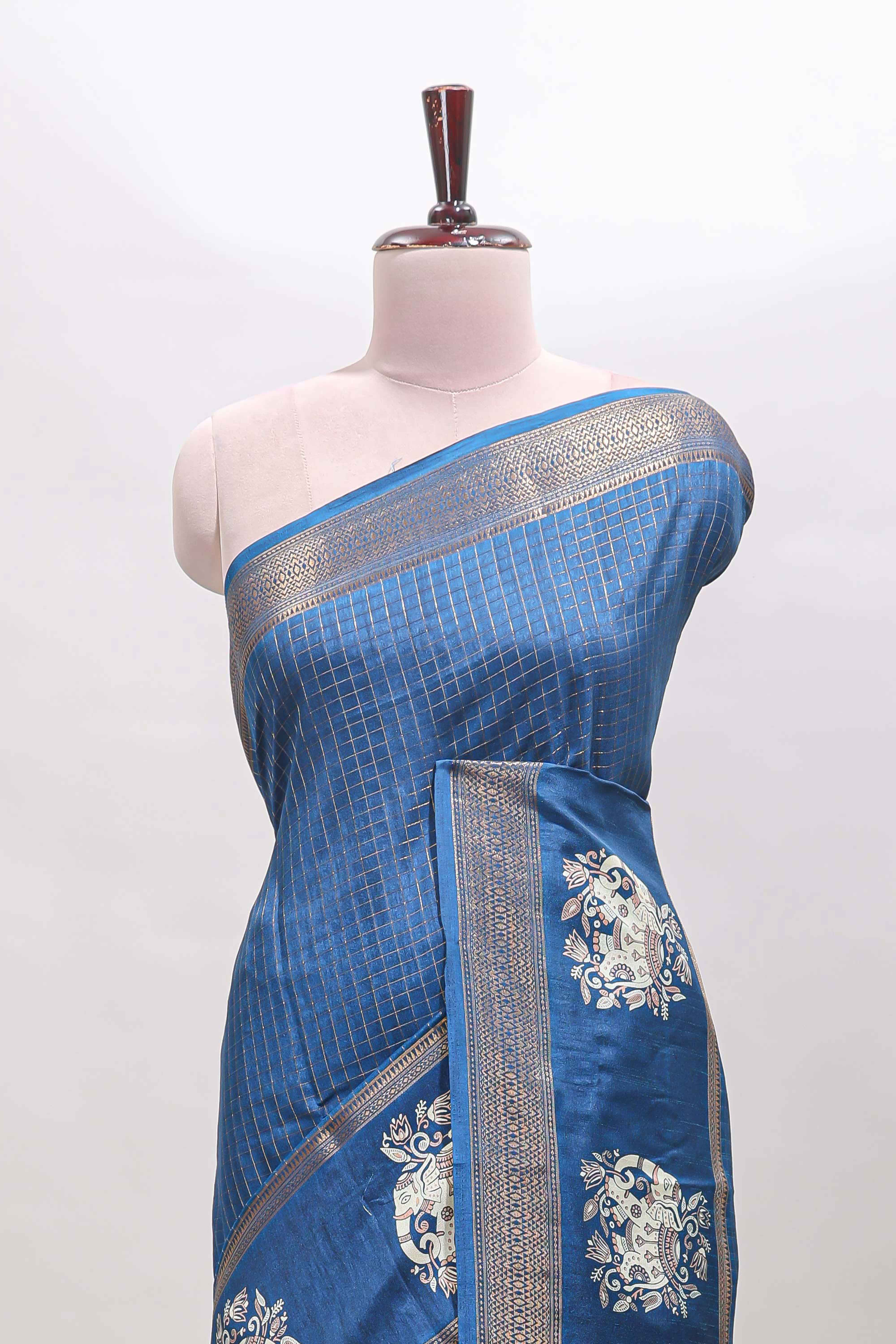 Blue checked elephant motifs dola silk saree with self zari border and striped pallu - Image 3