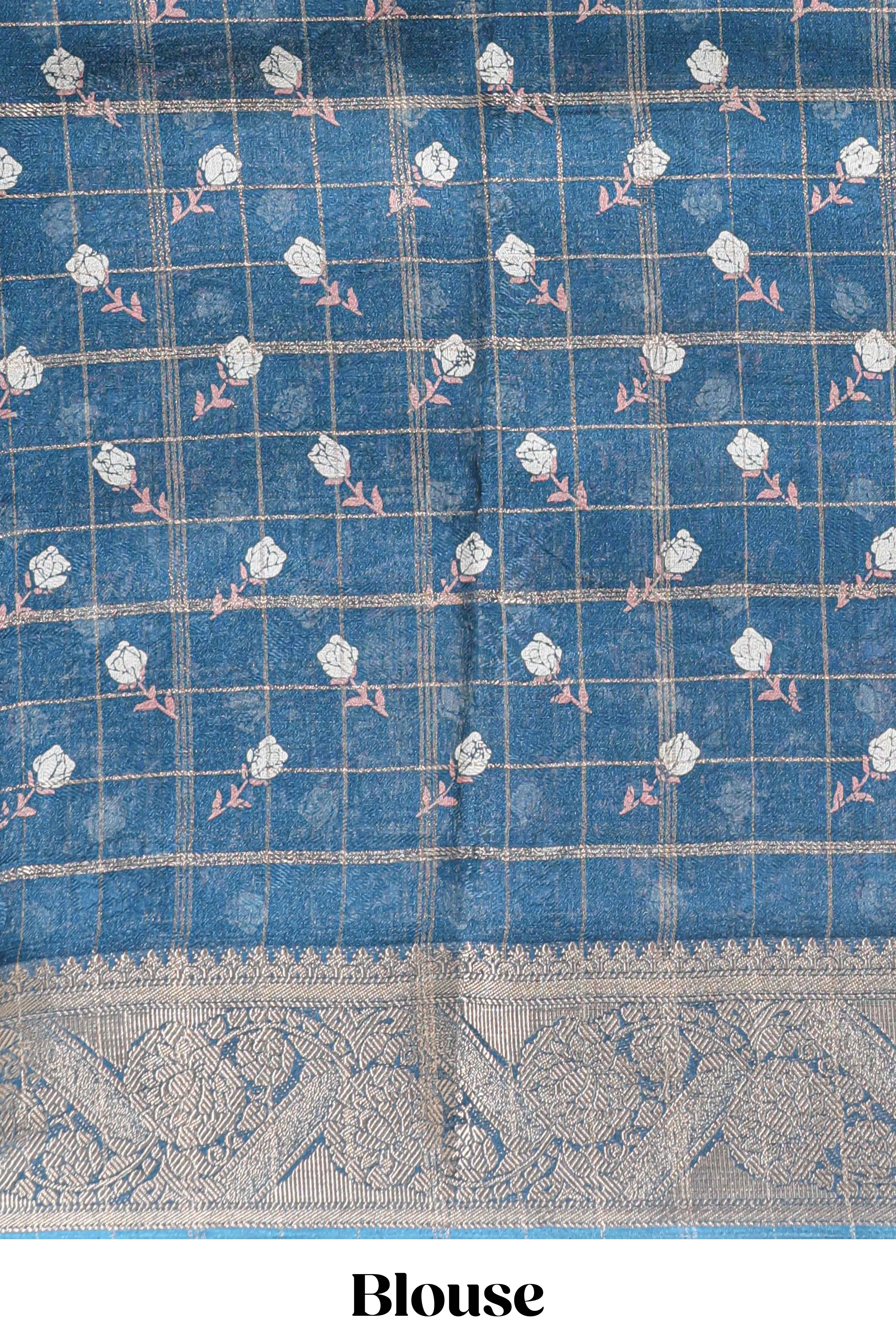 Blue checked floral design marsh mellow saree with self zari border and matching blouse - Image 5