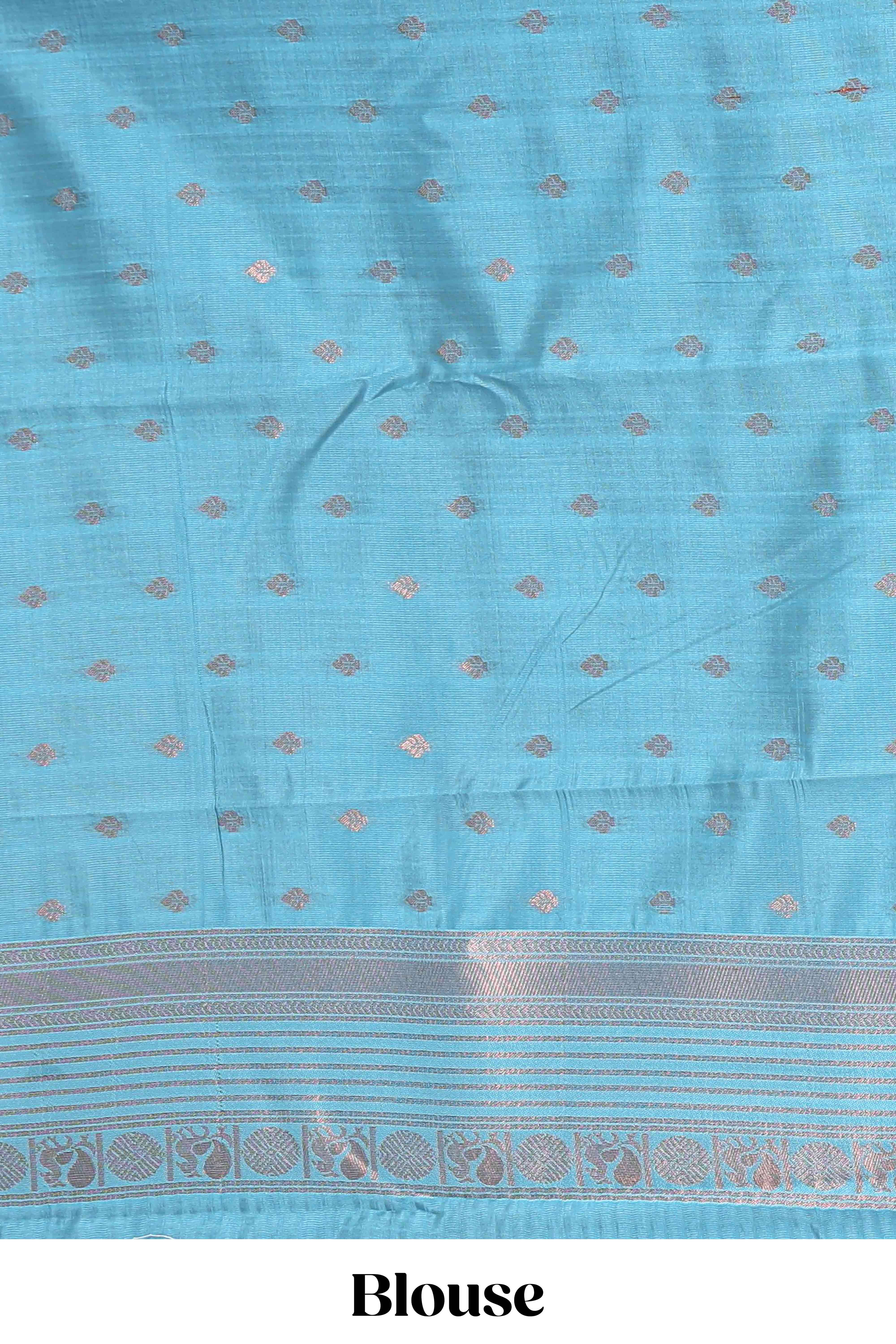Blue checked floral motifs design semi soft silk saree with contrast border and blouse - Image 5
