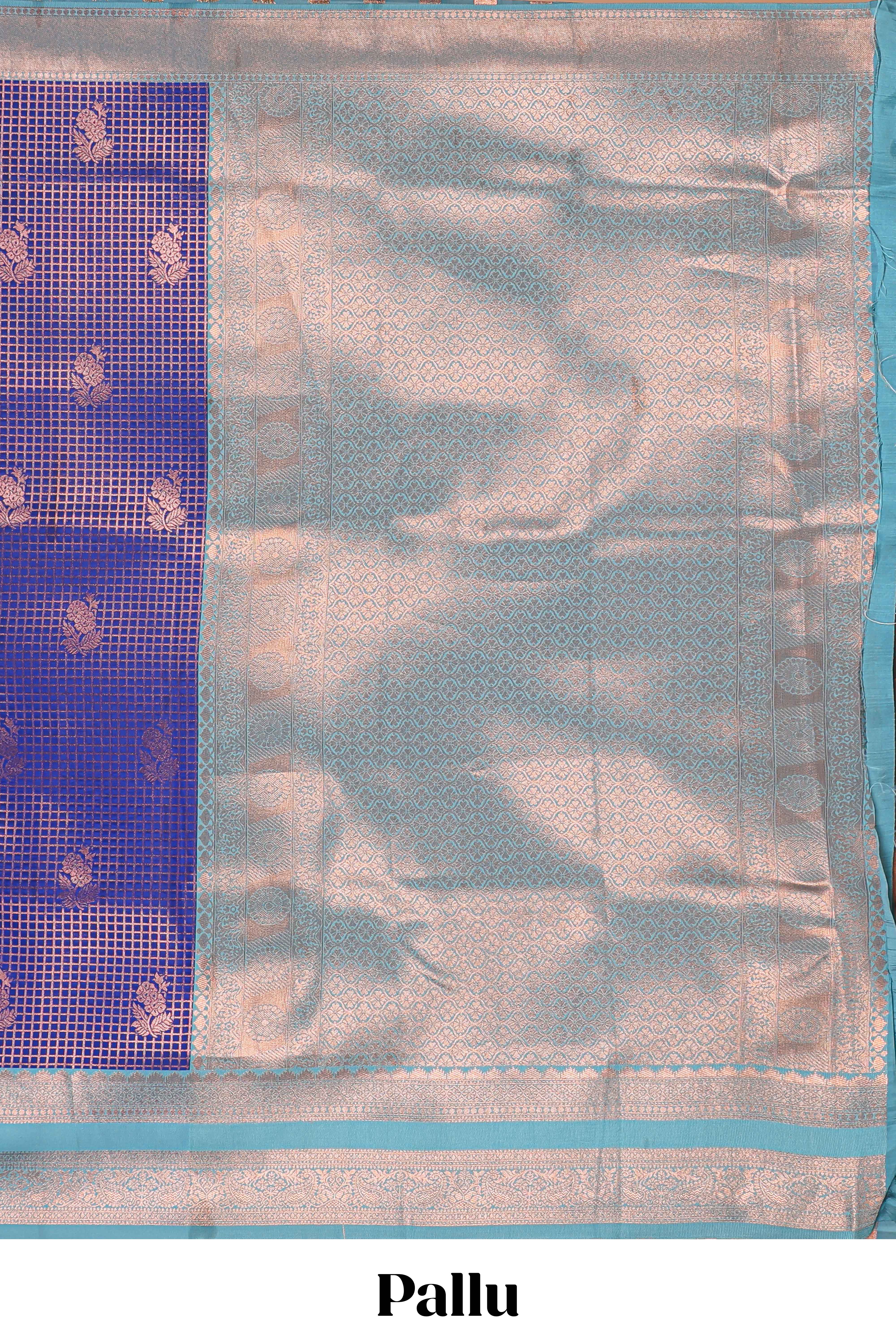 Blue checked floral motifs design semi soft silk saree with contrast zari border and floral motifs blouse - Image 4