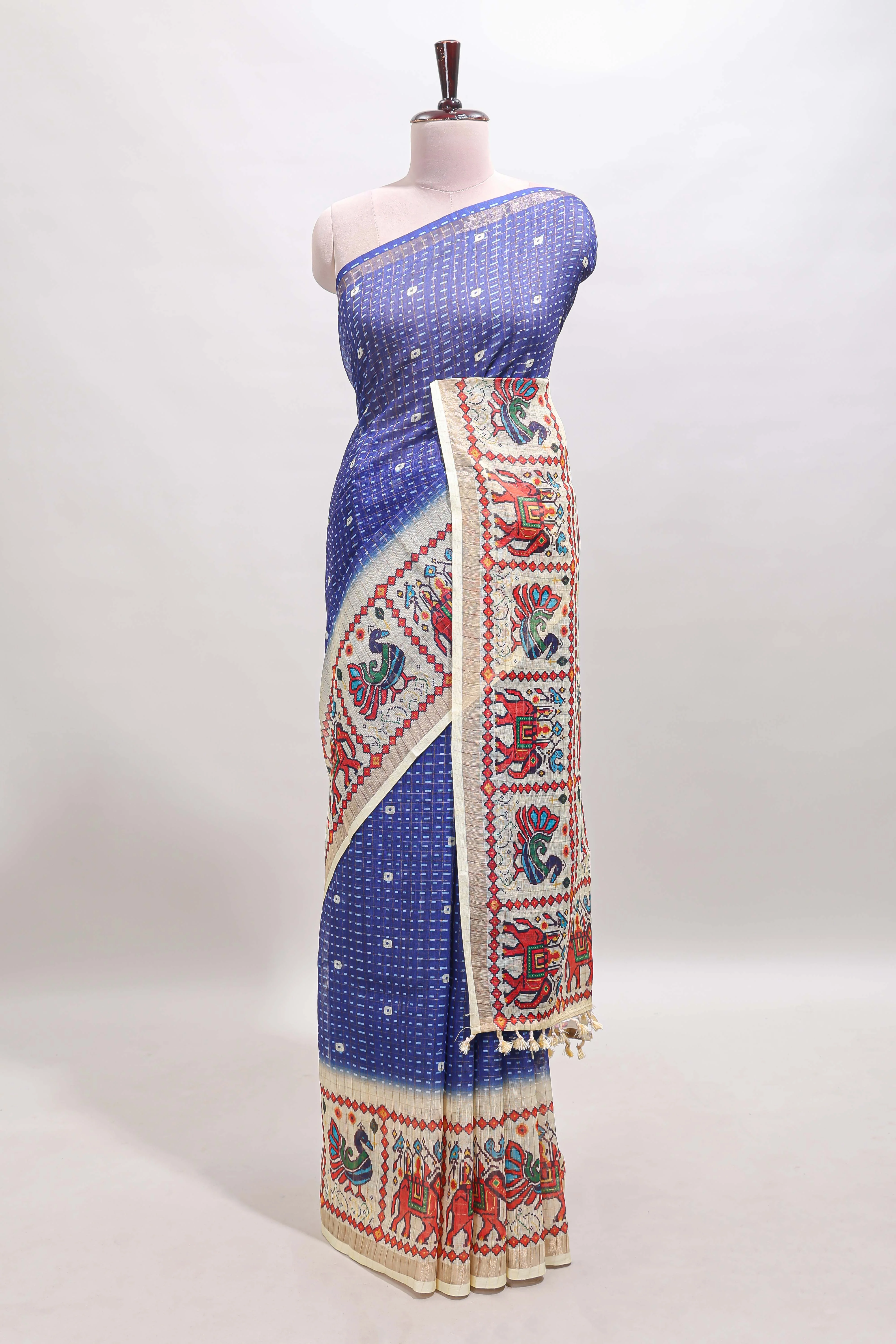 Blue checked geometric motifs linen cotton saree with contrast ikkat style border and blouse - Image 2