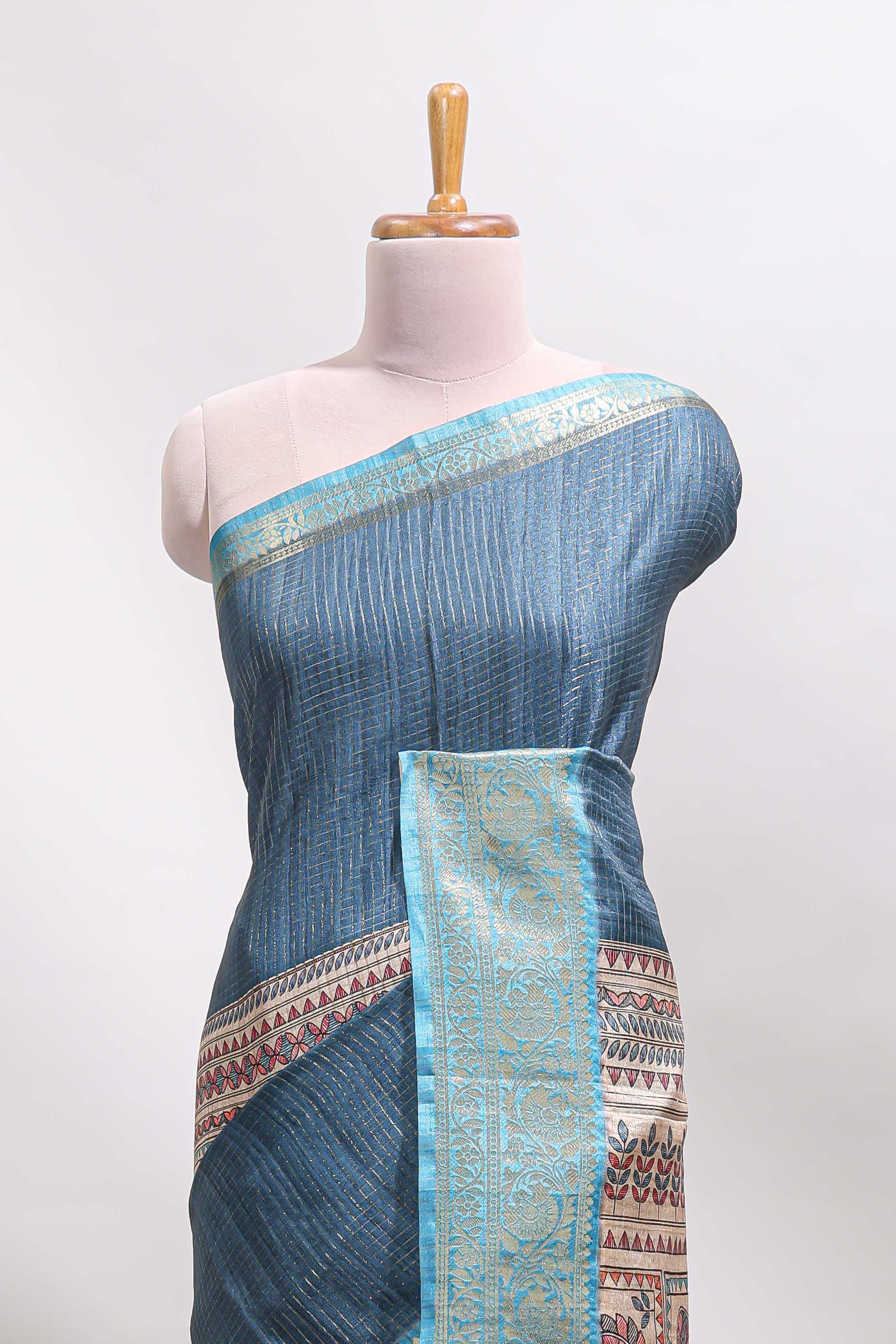 Blue checked madhubani style tussar saree with contrast zari border and matching blouse - Image 3