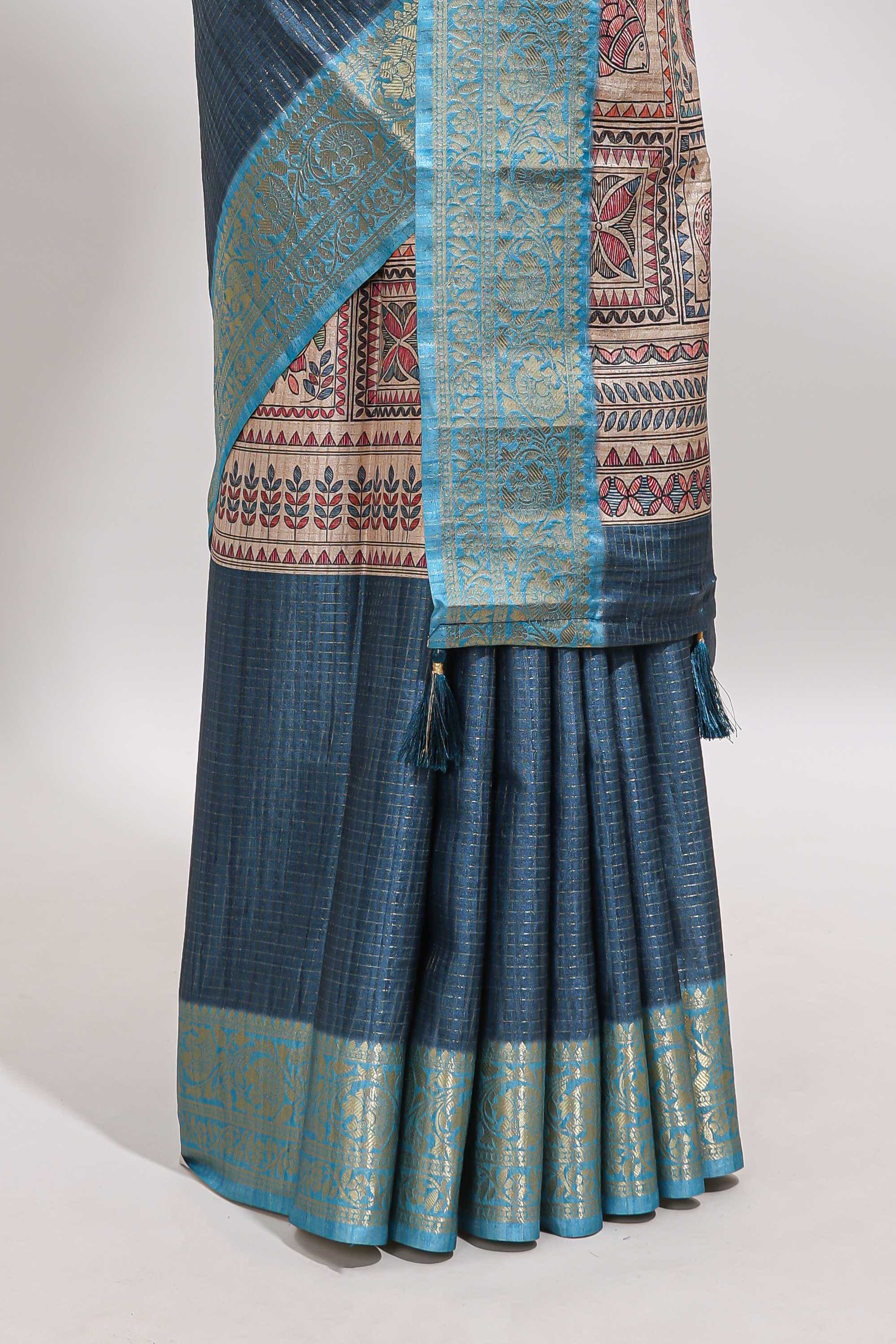 Blue checked madhubani style tussar saree with contrast zari border and matching blouse - Image 4