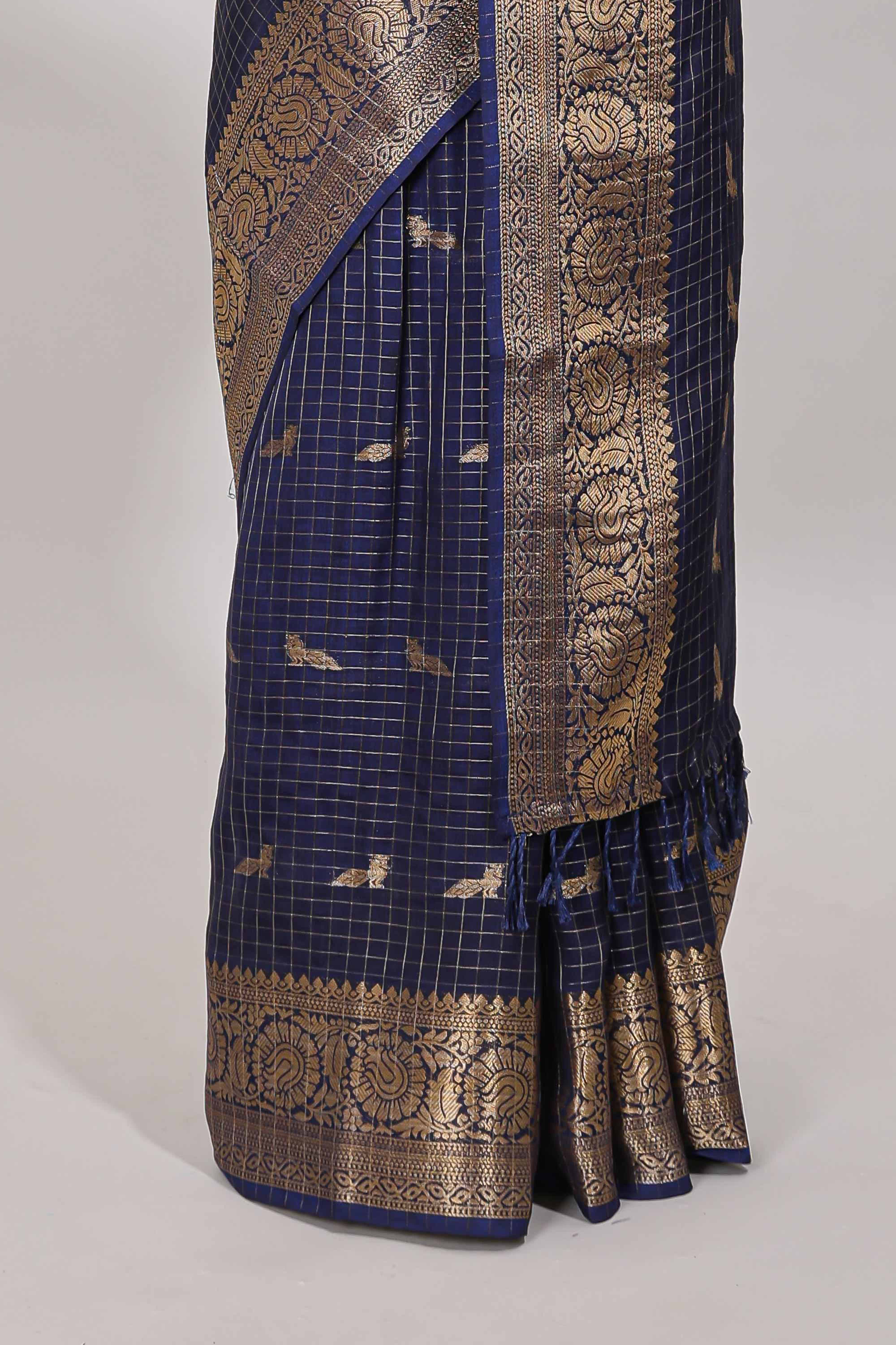 Blue checked peacock zari motifs dola silk saree with self zari border and matching blouse - Image 4