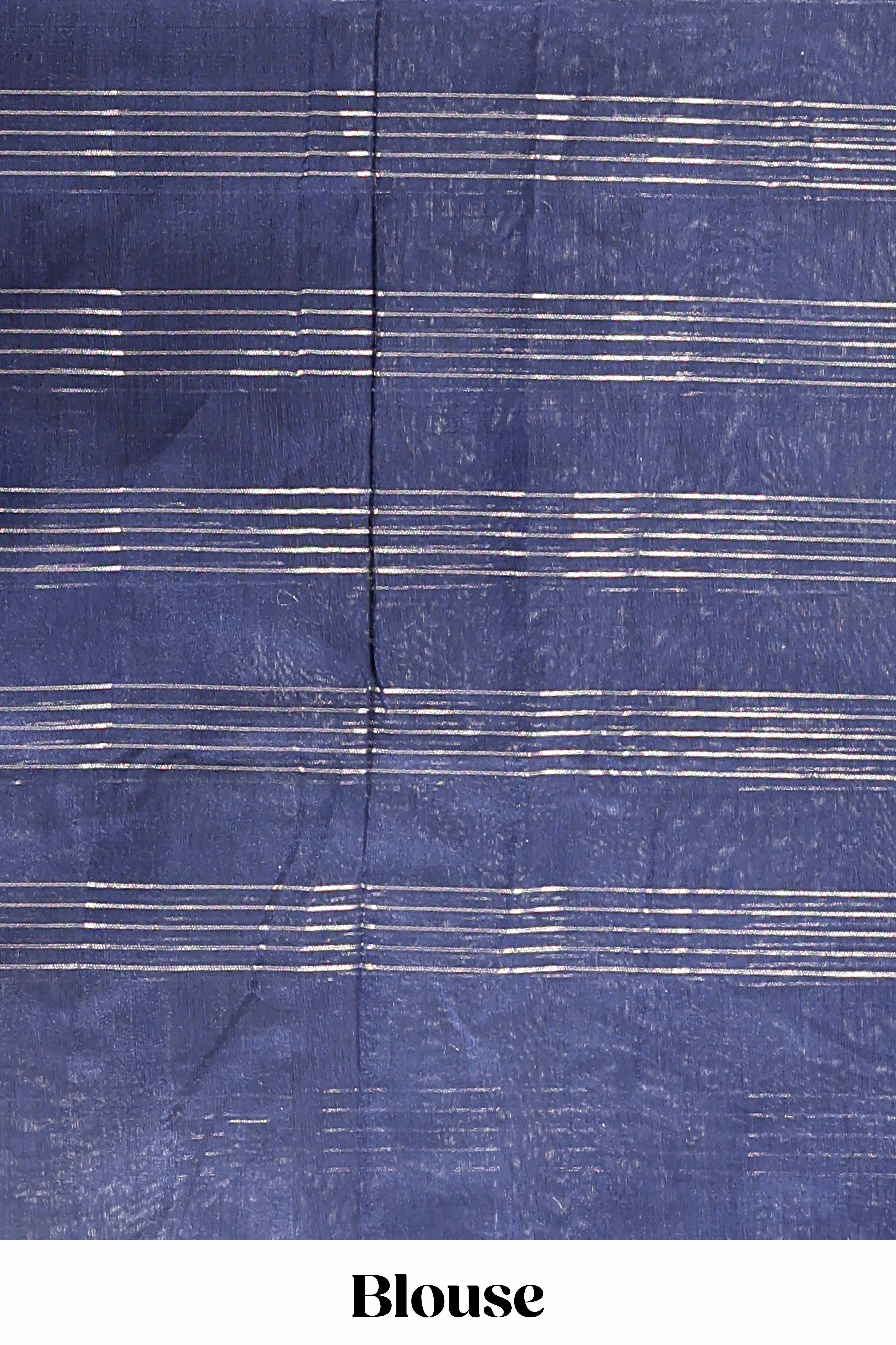 Blue checked zari motifs chanderi silk cotton saree with self border and matching striped blouse - Image 5
